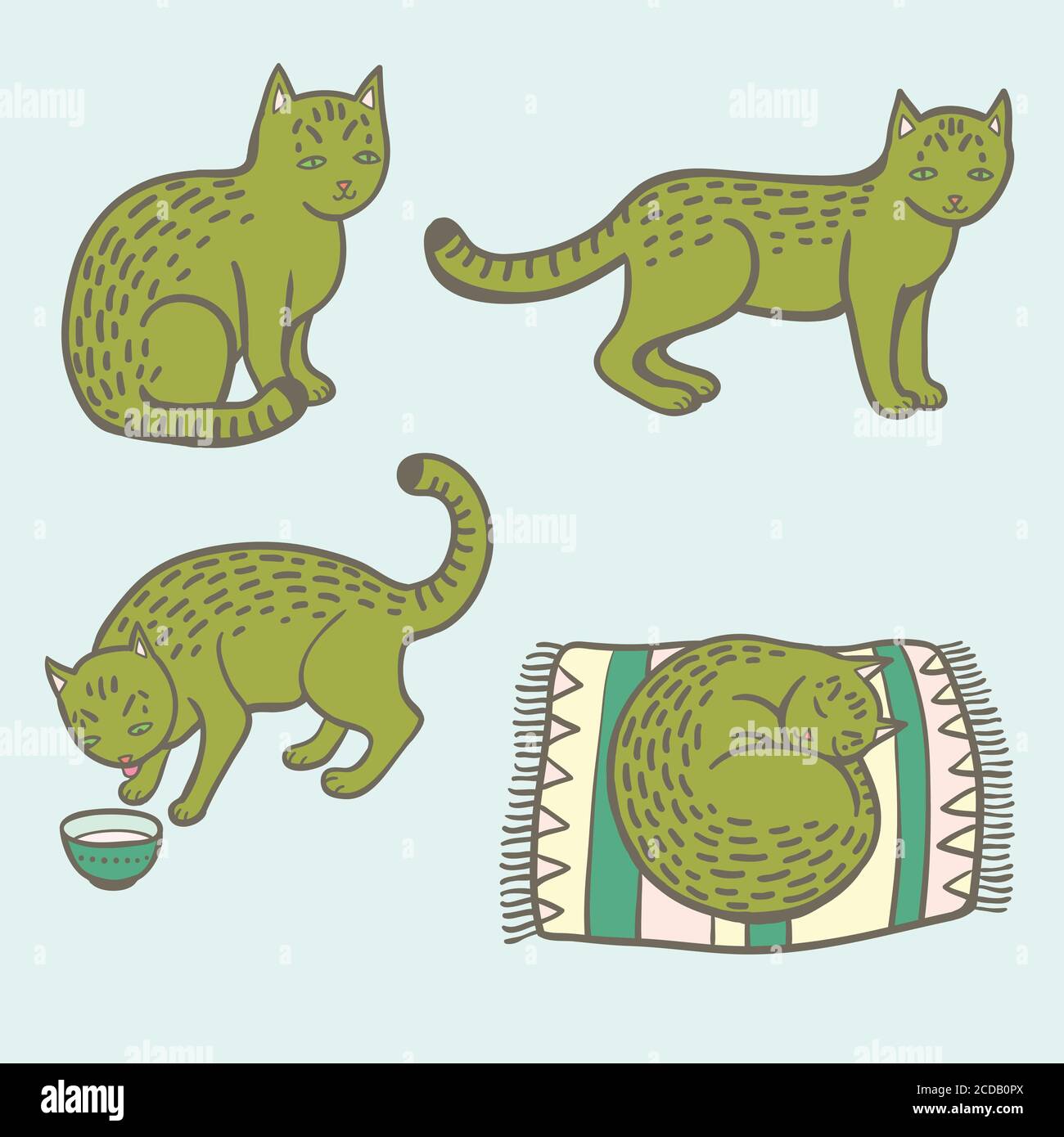 Cute Cartoon tabby Katze in verschiedenen Situationen, Essen, Schlafen und Sitzen. Stock Vektor