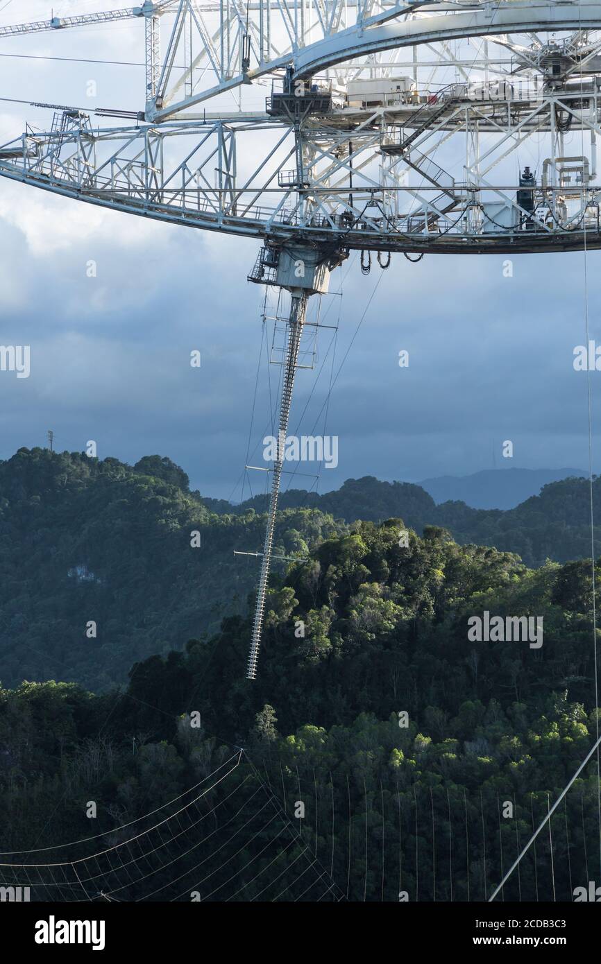 Die Delay Line-Feed-Antenne ist 490 Meter über der Radioteleskopschale des Arecibo Observatoriums in Puerto Rico aufgehängt. Stockfoto