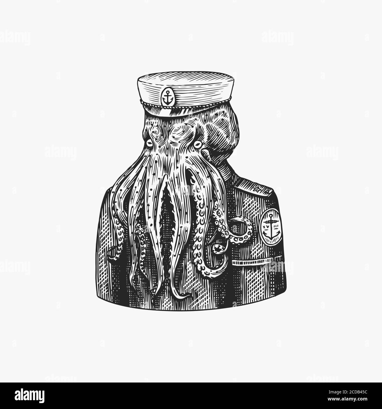 Octopus Seemann. Kapitän auf See. Mode Tier Charakter. Nautischer Seaman oder Seefahrer. Handgezeichnete Skizze. Vektor gravierte Illustration für Logo Stock Vektor