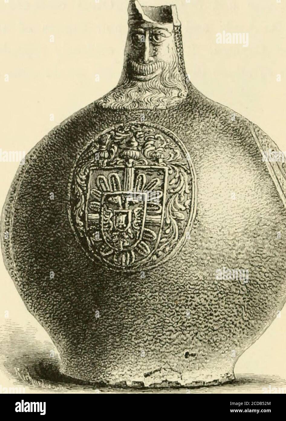 . Keramik und Porzellan, von der frühen Zeit bis zur Philadelphia Ausstellung von 1876 . Abb. ^^. – Pilgrim-förmige Gres-Flasche, im britischen Jfuseum. Die Herstellung dieser Ware war zweifellos ein Schritt, mit dem Bott-cher endlich in Dresden echtes Porzellan herzustellen gelang. Abb. 5G ist eine Pilgerflasche, die beim Bernal-Verkauf vom BritishMuseum für 18 Pfund gekauft wurde. In Baireuth wurden in den IGOOs einige sehr merkwürdige Becher gemacht, die Ajyostle-Becher genannt wurden, weil die Figuren der zwölf Apostel in Relief um den Cuj geschmugdert wurden). Der Ton war ein dunkles-l)erwachsen, aber die Kleider der Figuren und der in Stockfoto