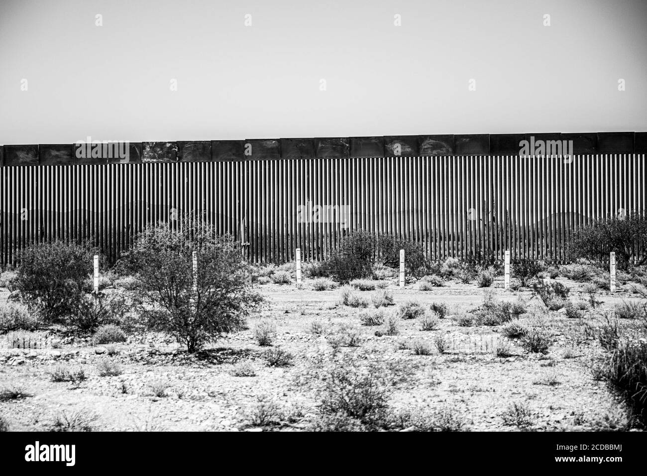 Stahlgrenzwand zwischen den Sonora- und Arizona-Streifen in der Altarwüste, Sonora, Mexiko. Die Verlängerung der Mauer durch die Regierung von Donald Trump in den Vereinigten Staaten bringt Probleme mit dem Durchgang der Fauna in der Grenze und Naturschutzgebiete. Wand, Zaun. (Foto: Luis Gutierrez von NortePhoto.com) Muro fronterizo de acero entre las franjas de Sonora y Arizona en el desierto de Altar, Sonora, Mexiko. La ampliacion del muro por parte del gobierno de Donald Trump en los Estados Unidos trae consigo problemas del paso de Fauna en la Frontera y las reservas naturales. Muro, barda. Stockfoto