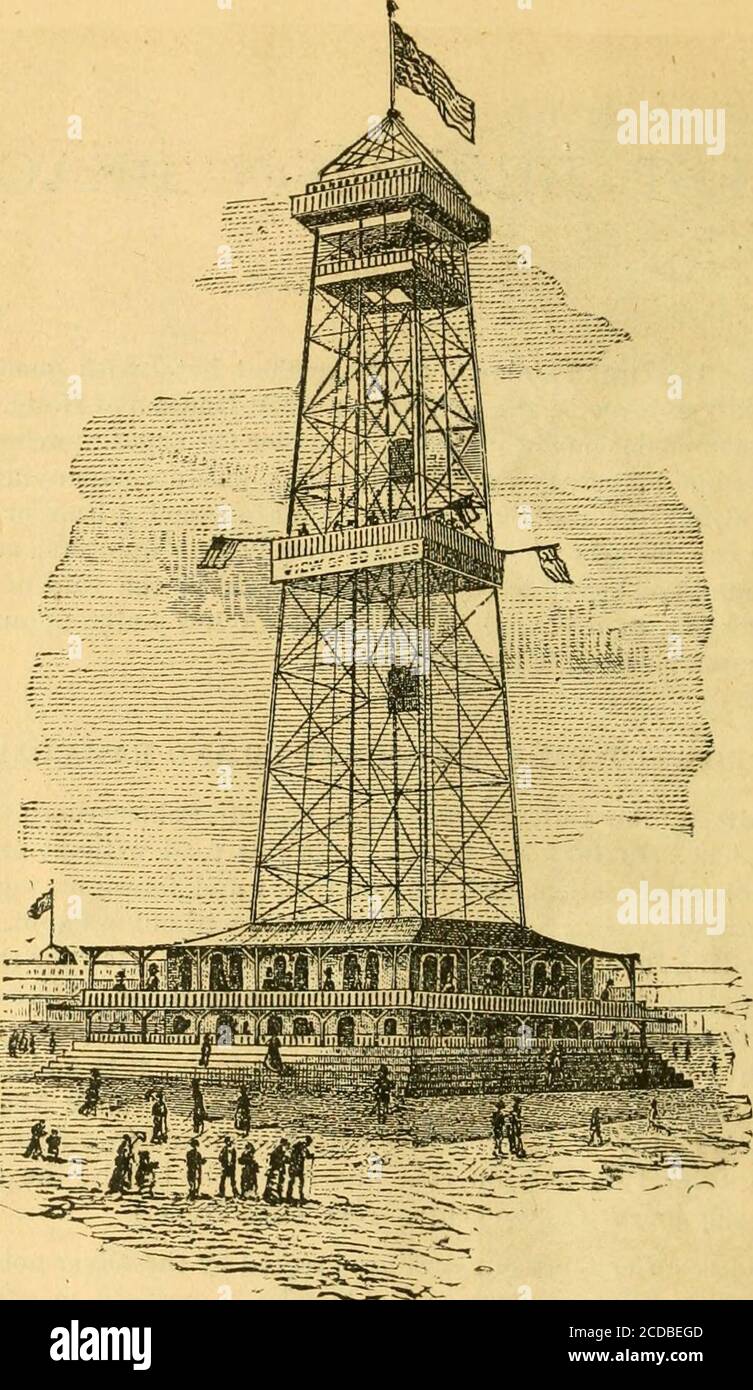 . Bell's malerischer Führer zu amerikanischen Wasserstellen . ts. Es gibt eine Zweiglinie von hier nach Nortons Point, die mit den Dampfbooten von New York verbindet.Es gibt mehrere Stationen auf dieser Linie entlang des Strandes; der Fahrpreis für die gesamte Fahrt am Meer beträgt 10 Cent. (Siehe Zeittabelle.) Als wir das Depot verlassen, werden unsere Ohren von den silbernen Noten des weltbekannten Arbuckle begrüßt, der mit dem Downings Ninth Regiment Baud täglich zwei Kon-certs geben wird. Wenn wir unsere Augen nach oben werfen, werden wir von einem immensen, aber stattlichen und malerischen Stück Eisenwerk angezogen. Dies ist das OBSERVAT Stockfoto