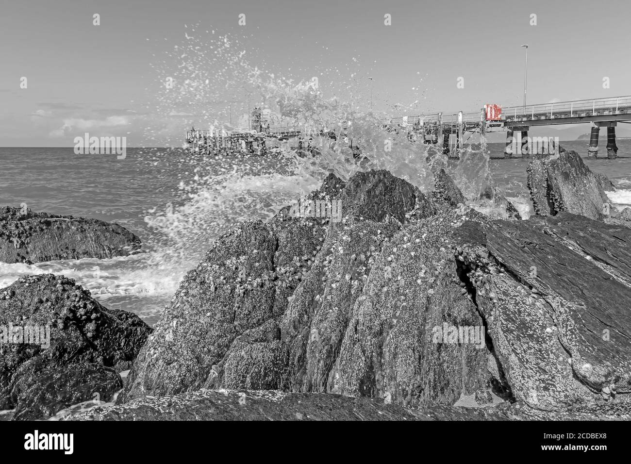 Der vielfotografierte Palm Cove Steg mit einem Spritzer Rot auf einem schwarz-weißen Bild einer Welle, die auf den Felsen am nördlichen Ende des Strandes bricht. Stockfoto