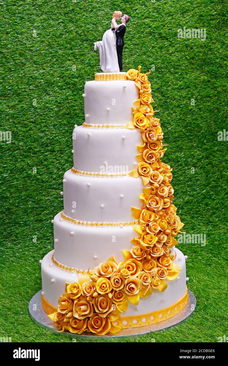 Hochzeitstorte, Braut und Bräutigam Paar Puppe auf einem weißen und goldenen Kuchen mit grünem Hintergrund Stockfoto