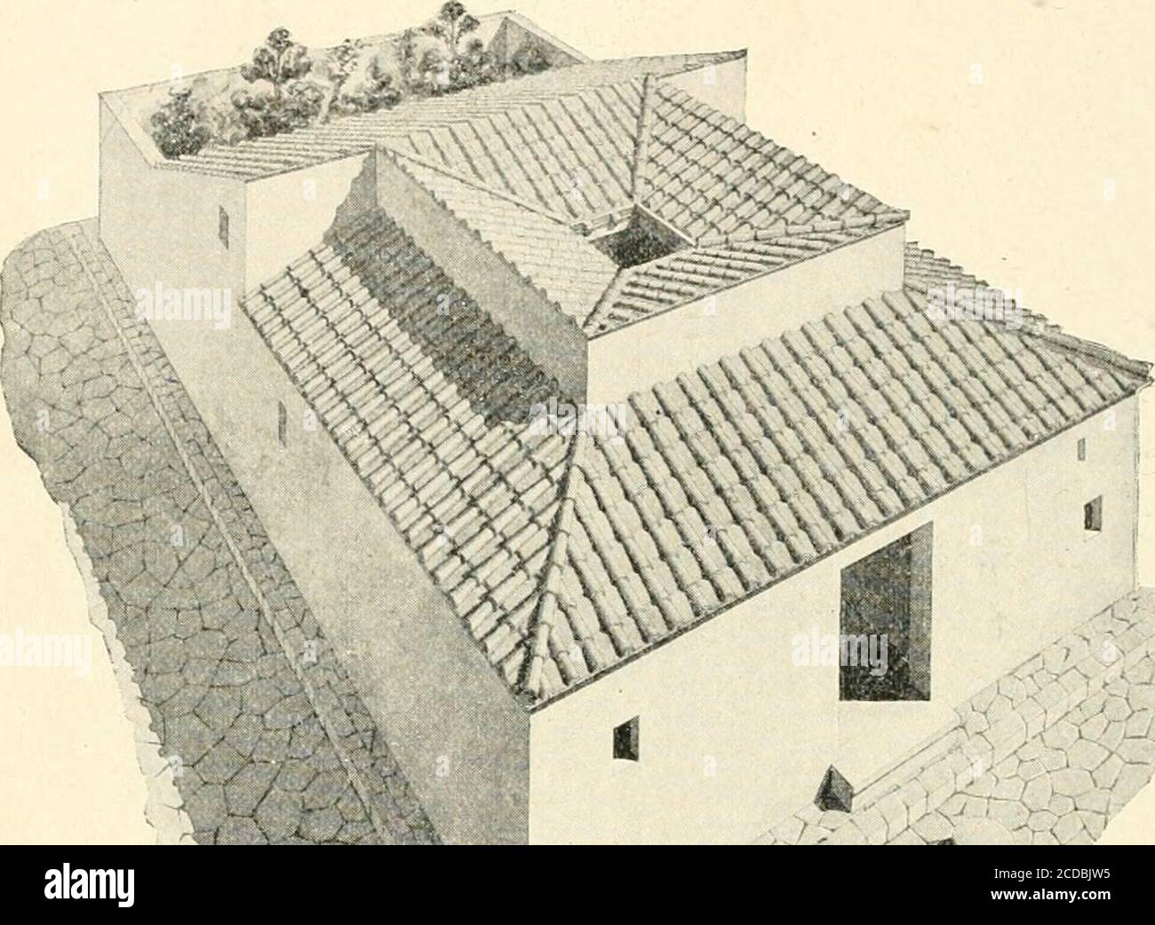 . Pompeji: Sein Leben und seine Kunst. , die kleinen Zimmer kleiner und zahlreicher als in modernen Wohnungen von korre-sponding Größe; Und in den besseren Häusern war die Dekoration von bothwalls und Fußböden dauerhafter als üblich in unserer Zeit.die alten Häuser waren relativ niedrig, in den meisten Fällen, wenn auch außer den überfüllten Mietshäusern des kaiserlichen Rom, nicht überschritten zwei Geschichten. Die Fenster in den Außenwänden waren im Allgemeinen wenig und klein, und das äußere Erscheinungsbild war nicht anders als die orientalischen Häuser der heutigen Zeit. Im Stadthaus wurde der vordere Eingang häufig mit Pfosten A geschmückt Stockfoto