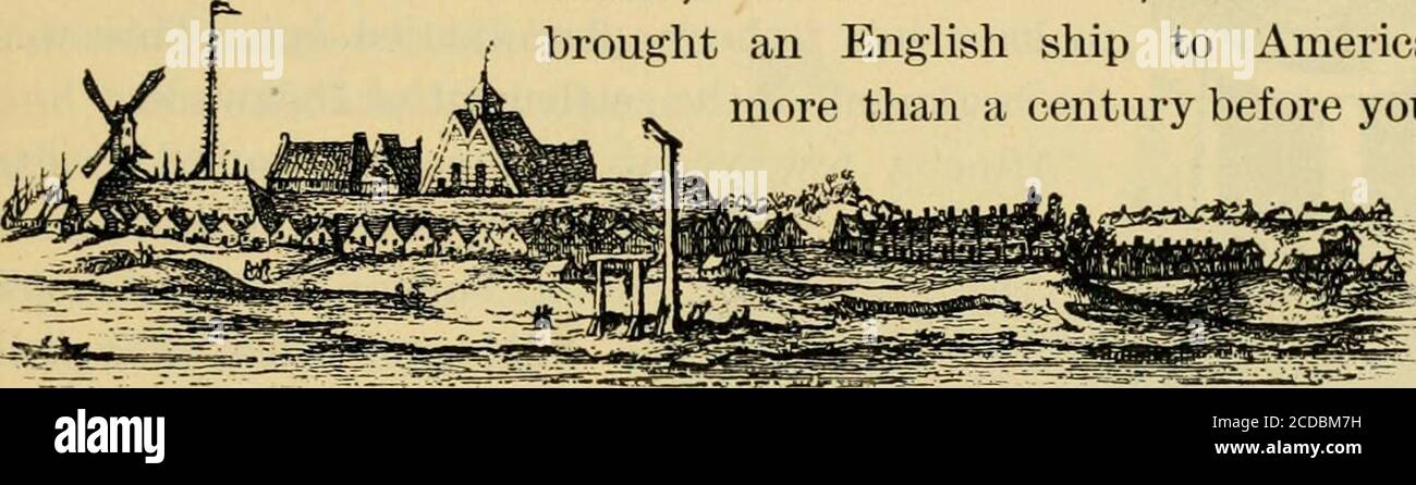 . Die Geschichte unseres Landes; eine elementare Geschichte der Vereinigten Staaten . WALL STREET PALISADE AUS DEM EASTRIVER und Wallstreet NEW YORK, DELAWARE, NEW JERSEY 93 dreißig Jahre alt brach ein Krieg zwischen England und Holland aus; und damit die Engländer nicht in die niederländische Stadt eindringen sollten. GovernorStuyvesant baute eine stout hölzerne Wand, zwölf Fuß hoch, direkt über der Insel. Wo diese Mauer lief, heißt jetzt Wall Street.die Holländer hatten guten Grund zu befürchten, von den Engländern vertrieben zu werden. Holland sagte: Wir waren die ersten im North River. Holländisch undEngland antwortete: Ja, aber ein Engländer war Kapitän Ihres ^if^s j^ Stockfoto