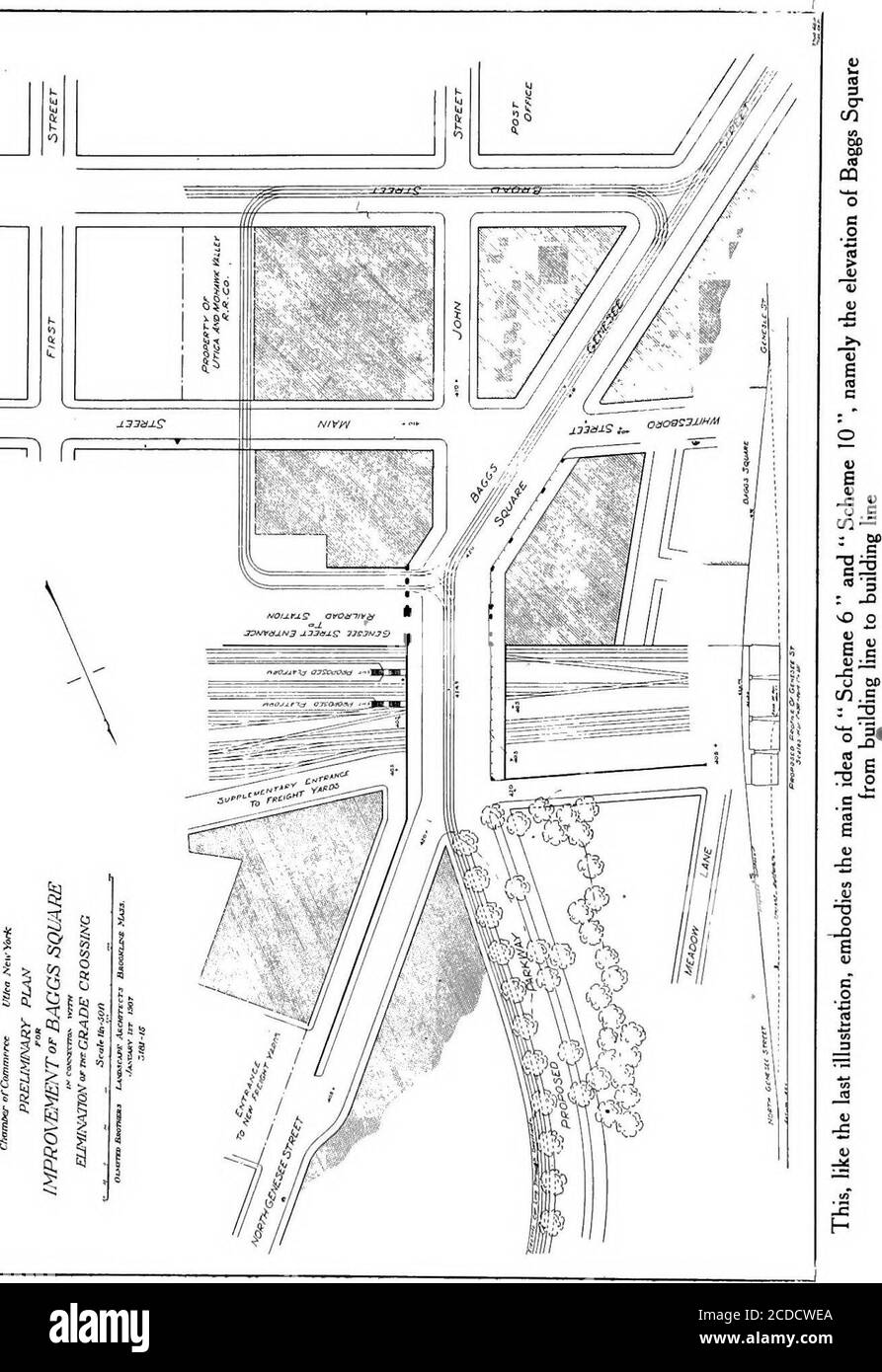 . Bericht des Ausschusses zur Verbesserung und Verschönerung von Utica der Handelskammer von Utica . et von der Brücke. Wenn der Baggs Square als Ganzes auf einer höheren Ebene rekonstruiert würde, wie oben vorgeschlagen, würden sowohl die G-enesee Street als auch die John Street geradeaus den Hang hinauf und über die Gleise ohne Behinderung führen, Und die Breite des Baggs Square würde eine fairamount Platz für den Verkehr von Main Street und WhitesboroStreet, um die notwendigen Kurven zu machen leisten. Die nächste Sache, die sich vorschlägt, ist die Beziehung des Bahnhofs zu einem so verbesserten Baggs-Platz. Die bestehende Utica Station ist gestehen Stockfoto
