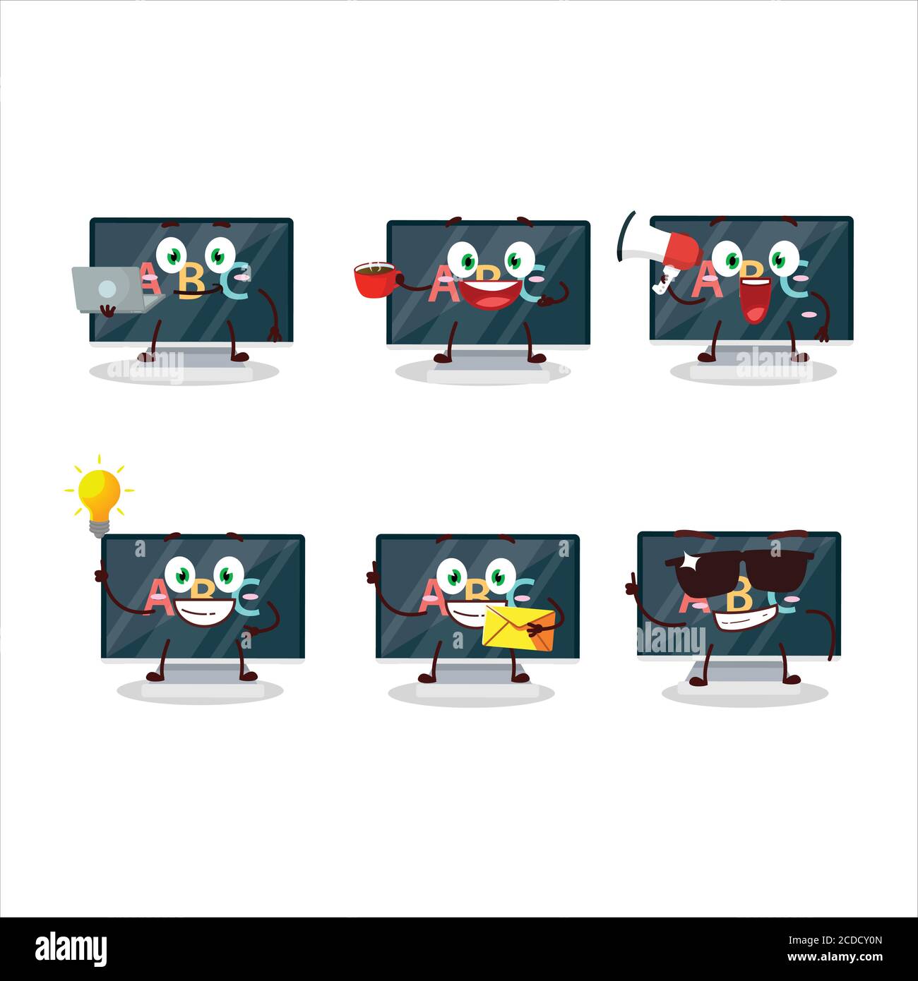 Alphabet auf dem Bildschirm Cartoon-Charakter mit verschiedenen Arten von Unternehmen Emoticons Stock Vektor
