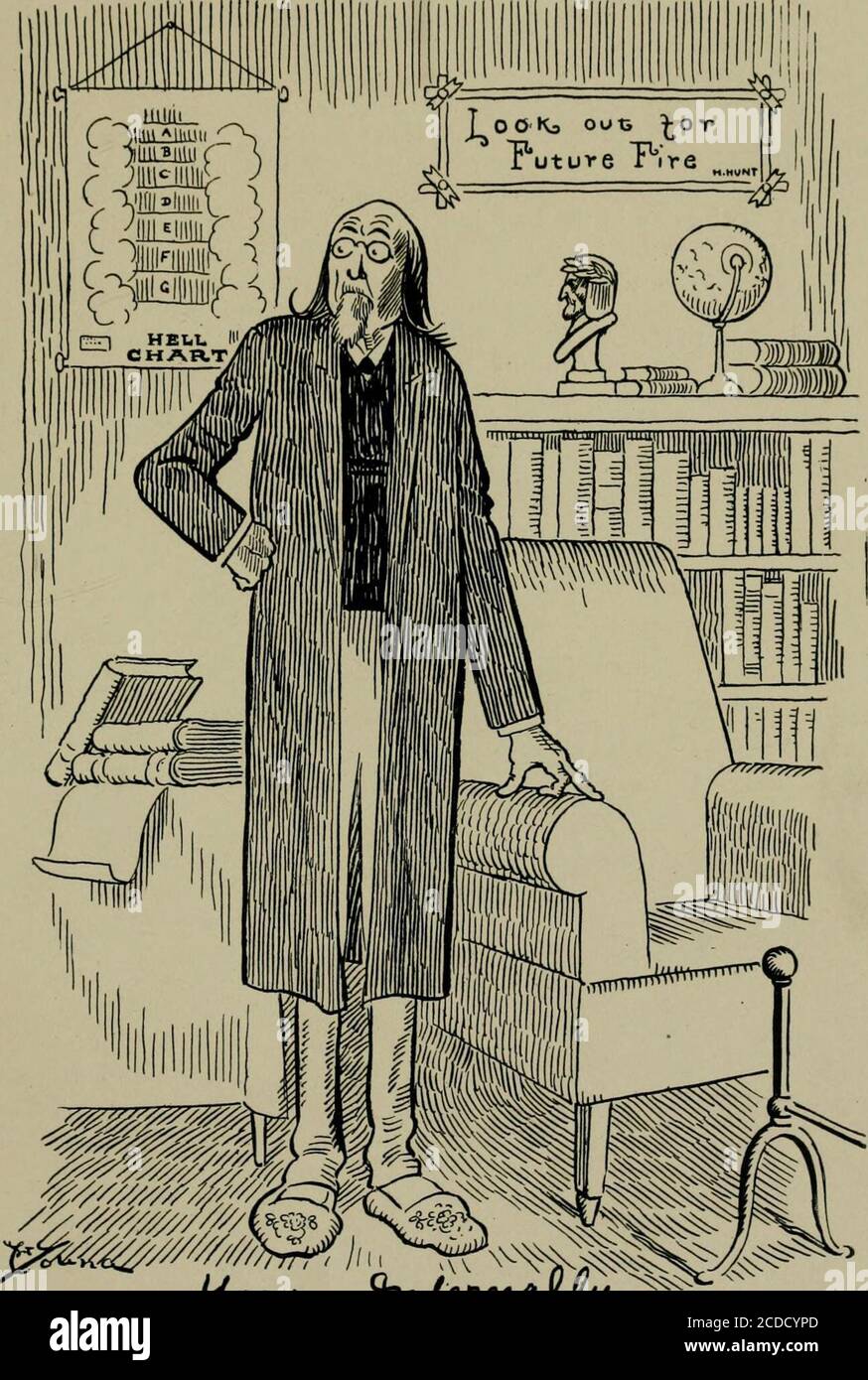 . Durch die Hölle mit Hiprah Hunt; eine Reihe von Bildern und Reisenotizen, die die Abenteuer eines modernen Dante in den Höllenregionen illustrieren; auch andere Bilder derselben unterirdischen Welt . Ein Porträt von Hiprah Hunt in seiner Bibliothek, die die fol-lowing gut-thumbed Bücher enthält: John Bunyans Seufzer aus der Hölle, Jonathan Edwardss Pamphlet über die Gerechtigkeit der endlosen Strafe, Christopher liebt Hells Terror, William CoopersDrei Diskurse über die Realität, die Extremität, und die Absolute Eternity of Hell Strafen, Jeremy Taylor über Painsof Hell, und Alexander Jephsons die Gewissheit Stockfoto