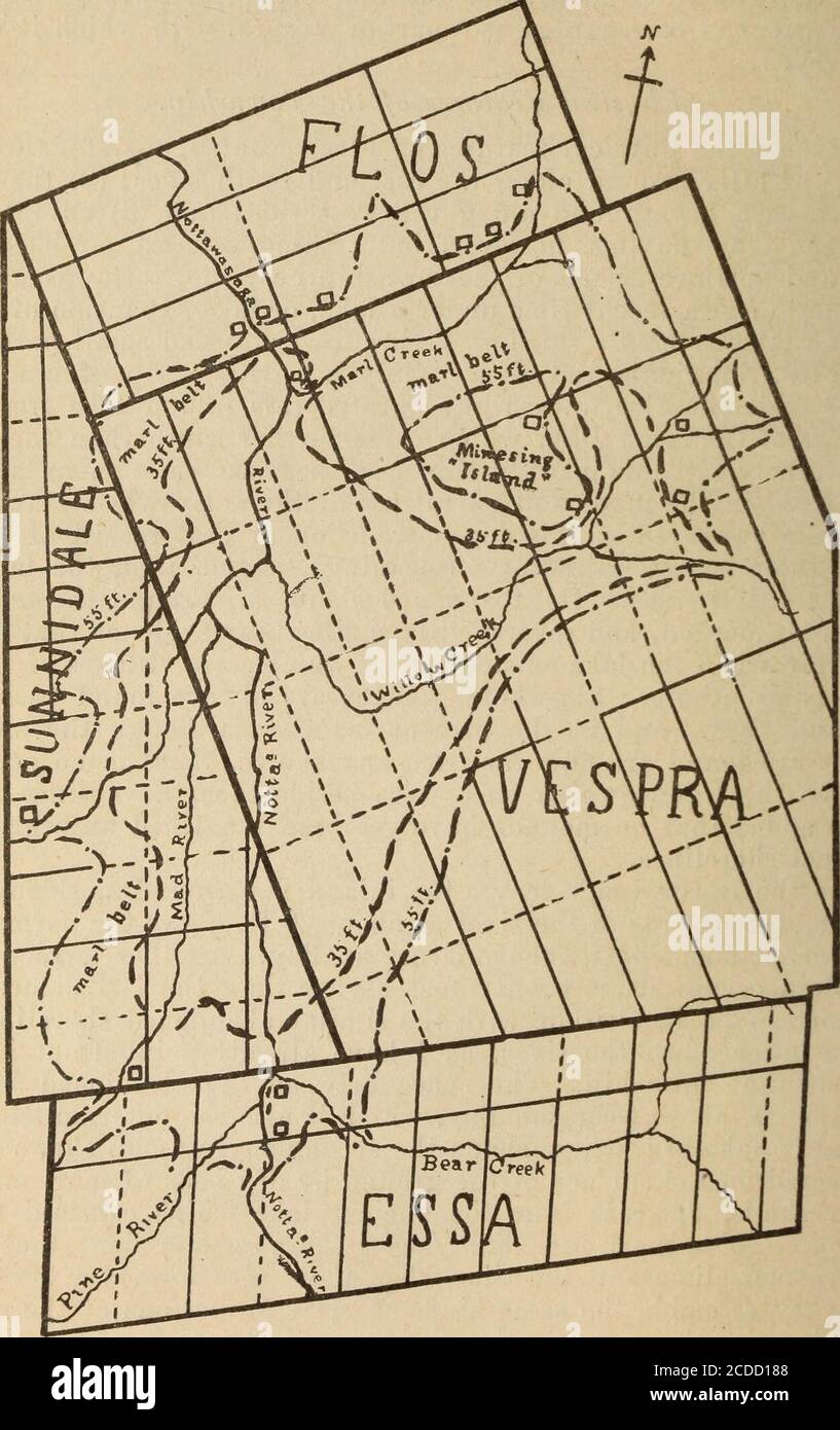 . Notizen von Standorten von Huron Dörfer in der Gemeinde Tiny, Simcoe County, und angrenzenden Teilen. Vorbereitet mit Blick auf die Identifizierung der Dörfer besucht und beschrieben von Champlain und die frühen Missionare . t sie in-dicate ein wärmeres Klima zu der Zeit, als sie ein paar Hundertjahrhundert gegründet wurden, Und sie ähneln den gleichen Arten von Mergelformationen in derselben Altitude in Flos, die in unserer Beschreibung dieser Gemeinde erwähnt wurden.dieser Mergelgürtel ist in den Buchten des uralten Sees stärker ausgeprägt. Der innere Rand des Marl Belt, wie auf den Karten gezeigt, die h erscheinen Stockfoto