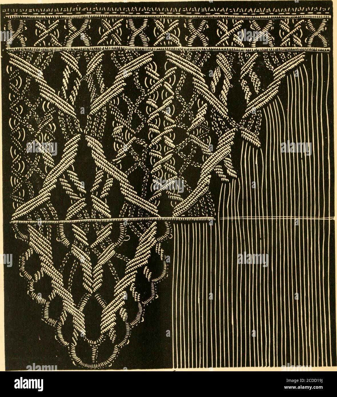 . Das kaiserliche Makramé-Spitzenbuch. Mit zahlreichen Abbildungen und Anleitungen. Flachsfäden . E aSolomons Knoten mit den vier Fäden auf der linken Seite; dann bilden Sie eine Kette mit den ersten beiden Fäden, und vier einzelne ketten mit den anderen beiden Fäden ; Dann mache einen Solomon-Knoten mit den zwei Fäden der ersten Kette und den vier Fäden nahe daran; dann mit den ersten beiden Fäden links mache sechs Ketten und mache einen Solomon-Knoten mit den vier Fäden rechts; Und die zwei Fäden der Kette zur Rechten und die vier Fäden zu ihnen hin und mit den sechs Fäden m Stockfoto