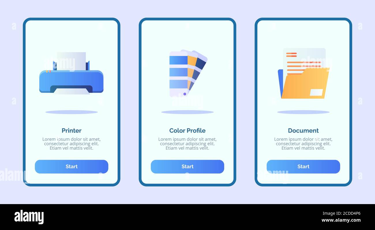 Drucker Farbprofil Dokument für mobile Apps Vorlage Bannerseite UI mit drei Variationen modernen flachen Farbstil Stock Vektor