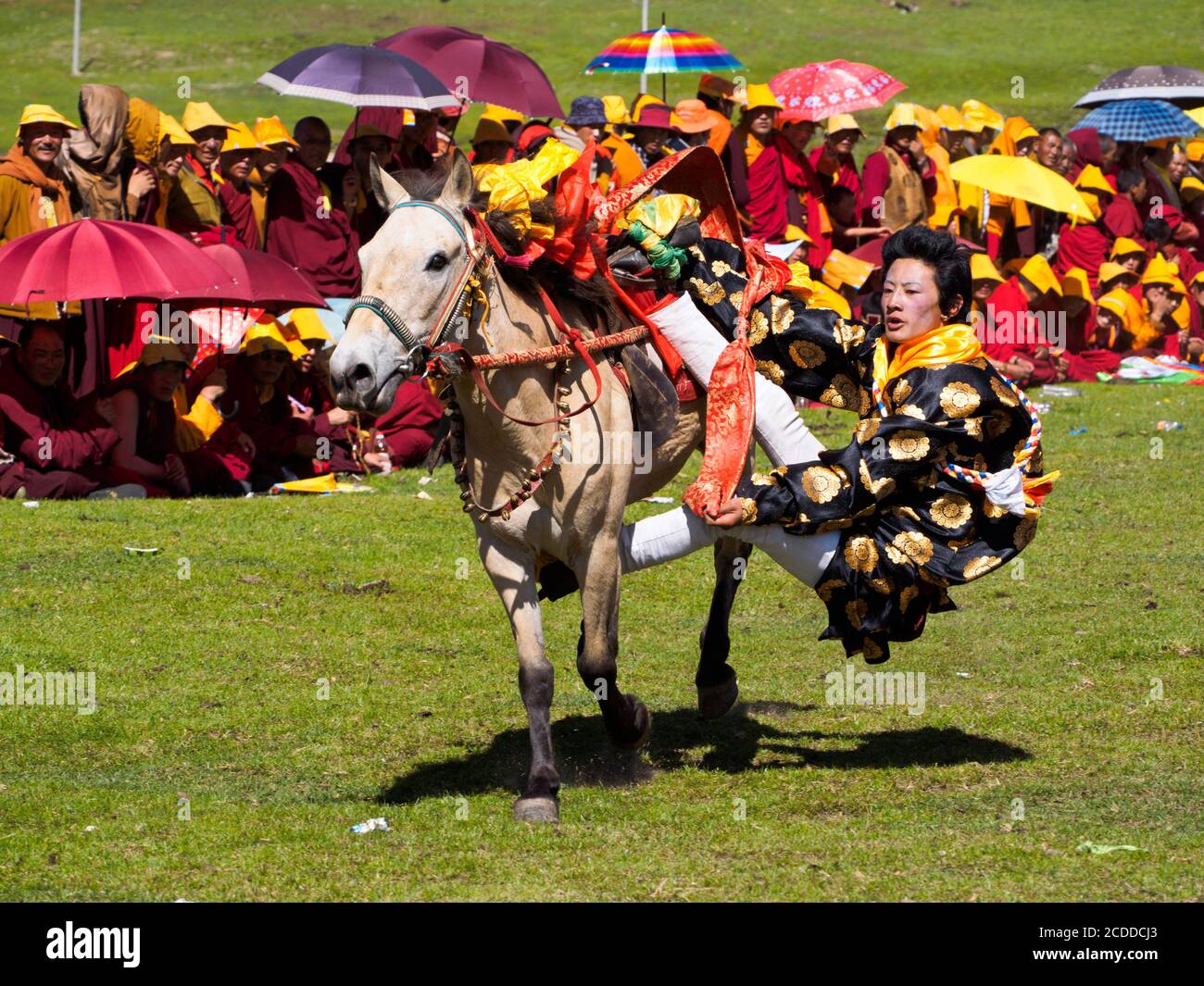 Kham Männer verkleiden sich für das jährliche unterhaltsame House Racing Festival in der Nähe von Litang Stadt. Stockfoto