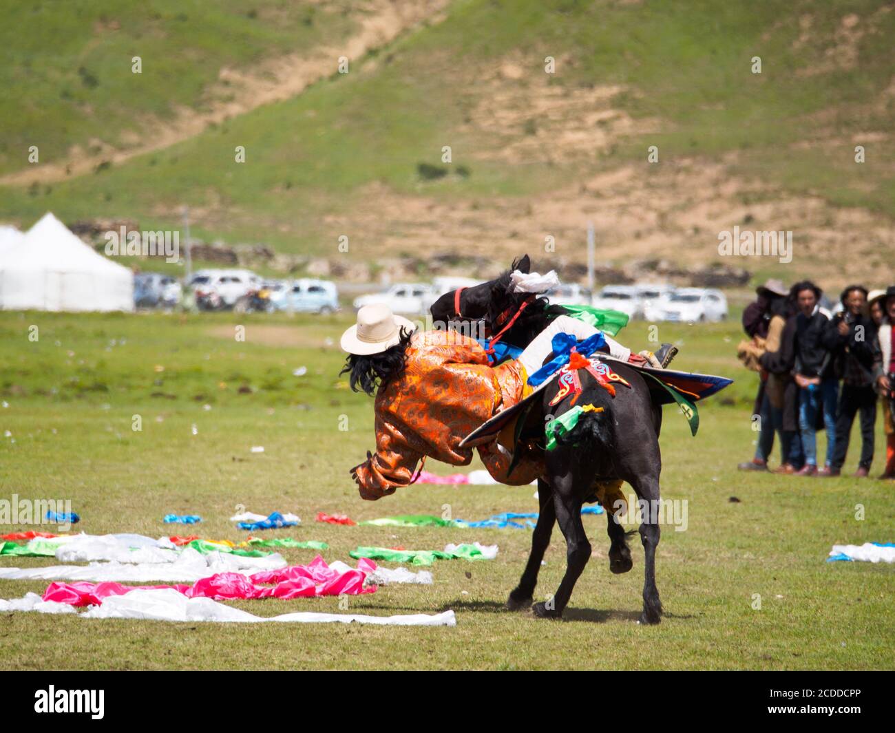 Ein Khampa-Mann versucht, sich auf dem Boden Tücher zu holen, während er auf seinem Pferd reitet, ein Teil des Rennens auf dem Pferdefest in der Nähe von Litang City. Stockfoto