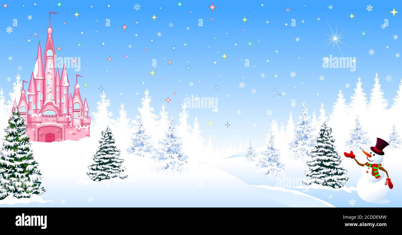 Rosa Burg. Winterlandschaft. Die Nacht vor Weihnachten. Bäume, Schnee, Wald. Leuchtende Sterne und Schneeflocken am Nachthimmel. Weihnachten Winternacht Stock Vektor