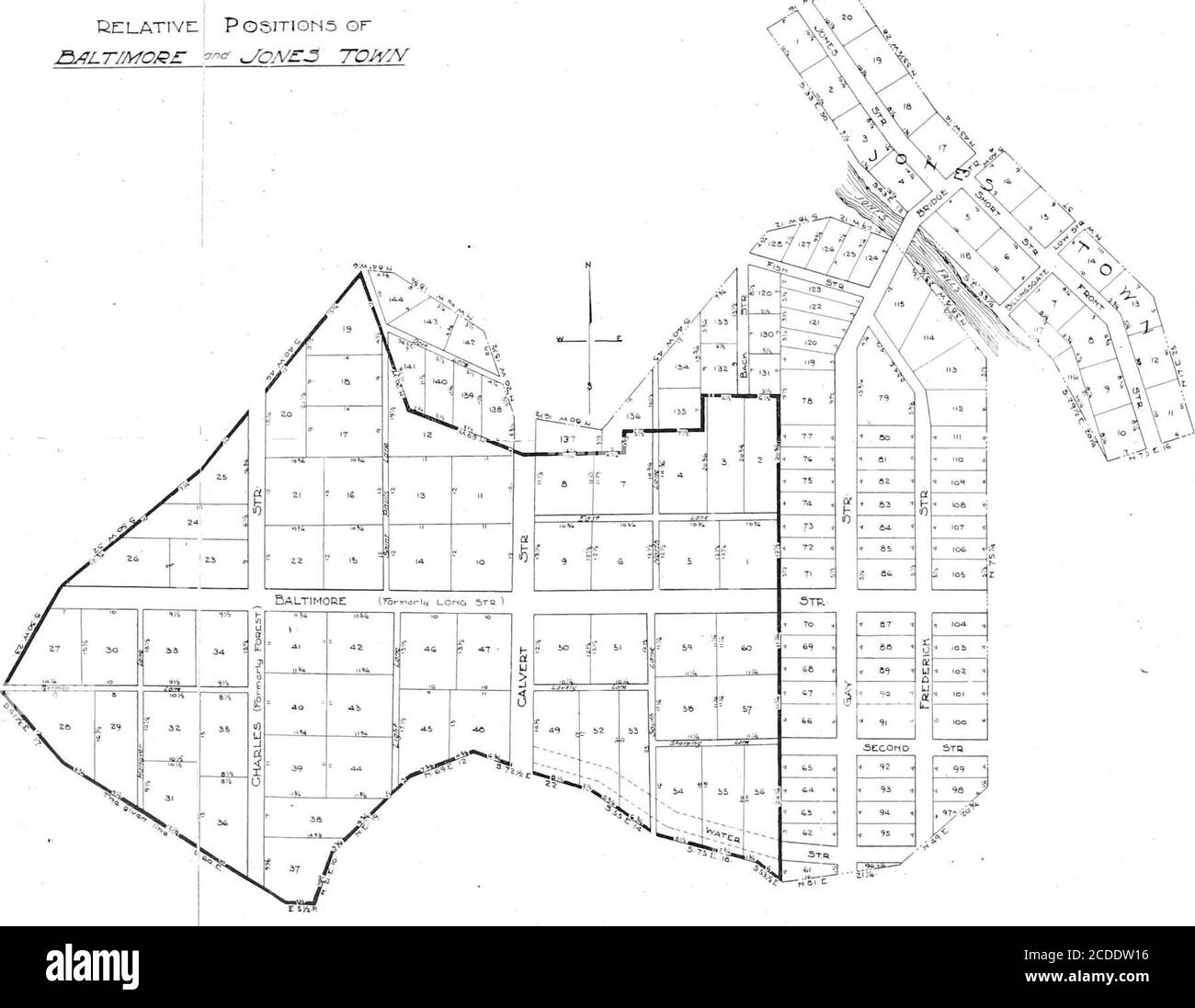 . Erste Aufzeichnungen von Baltimore Stadt und Jones' Stadt 1729-1797 . * S.-! •i ?t EA 1 « 6^ i &lt; 90 - 9i o I04- „ 0 » ,ob t; U i lo2 « U 1 lol &lt;1 k- 13 loo * SECOND 1 92 •i - 93 •) « 94 « -I 95 T 97;-^ ». St-r. fcCsS3 *? 5i. t. 2I/4- / Buxton Gay, nach der Konsolidierung. Die schwere Linie weist auf den ursprünglichen Standort von Bailong the Falls hin. Original Baltimore: Towh legte unsere in 172^ ? j£- .***. ? J -*S*Mk / Lond, STDEICT FIT 7 „ ,&lt; 30 * 3; k ^ 29 ? * ? 35 •V *^ s. 5 L .IF +2 SS afe i 4-1 A ,,». H1,1 1,1 n r-10 ,1* ^ ^ achtern 39 j£^ U 8 litt ? V •/ 38 /f 37 Wenn . • L ^ % Original Baltimore Town, wird angezeigt Stockfoto