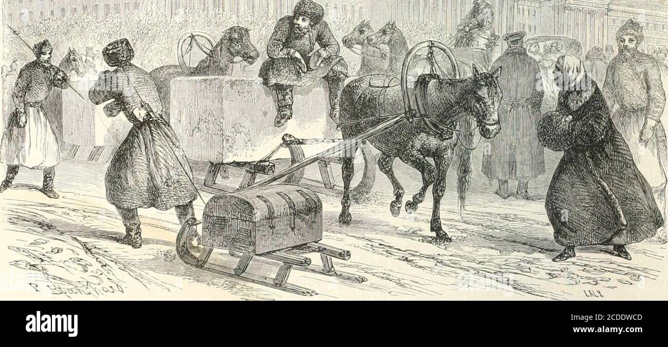 . Le Tour du monde : nouveau Journal des voyages . lÃ©.s ; le renversementde la Brise amÃ¨ne des froids trÃ¨s-vifs, les eaux ne peu-vent plus SÃ©coiller, saisies quelles sont par la gelÃ©e,puis la neige recouvre le tout, neige glacÃ©e, solide commela glace quelle recouvre ; vienne un nouveau dÃ©Gel, lacirculation Nest pas interrompue sur le fleuve, les voi- tures ont lair de glisser sur un miroir, elles se reflÃ¨tentdans leau; Mais le sol quelles foulent nen est pasmoins solide, il a envivon un MÃ¨tre dÃ©paisseur, et il fautde longues journÃ©es de chaleur pour dissoudre la croÃ»teglacÃ©e qui re Stockfoto