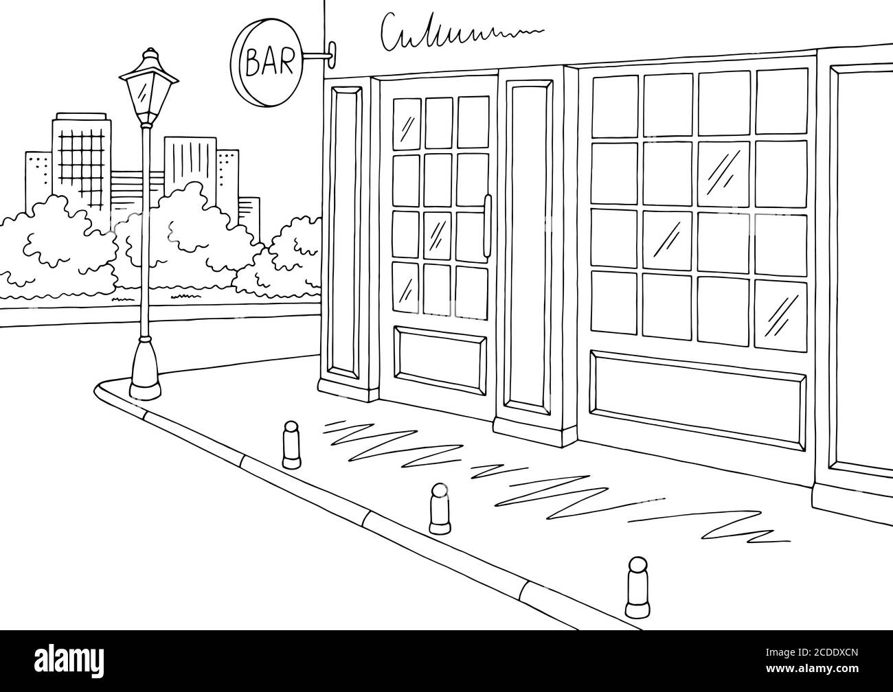 Bar außen Grafik schwarz weiß Stadt Skizze Illustration Vektor Stock Vektor