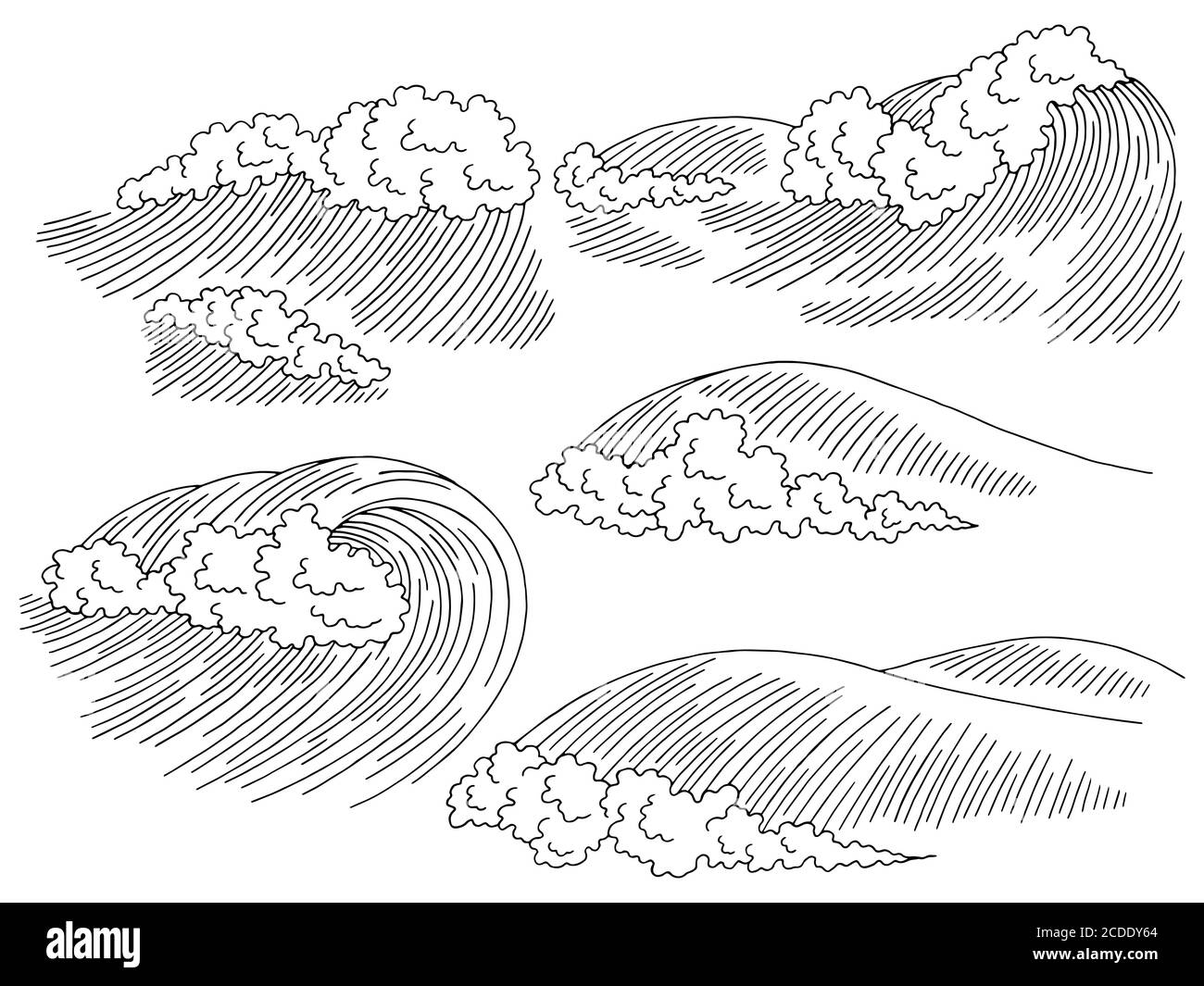 Sea Wave Grafik Surf schwarz weiß Seascape Skizze Set Illustration vektor Stock Vektor