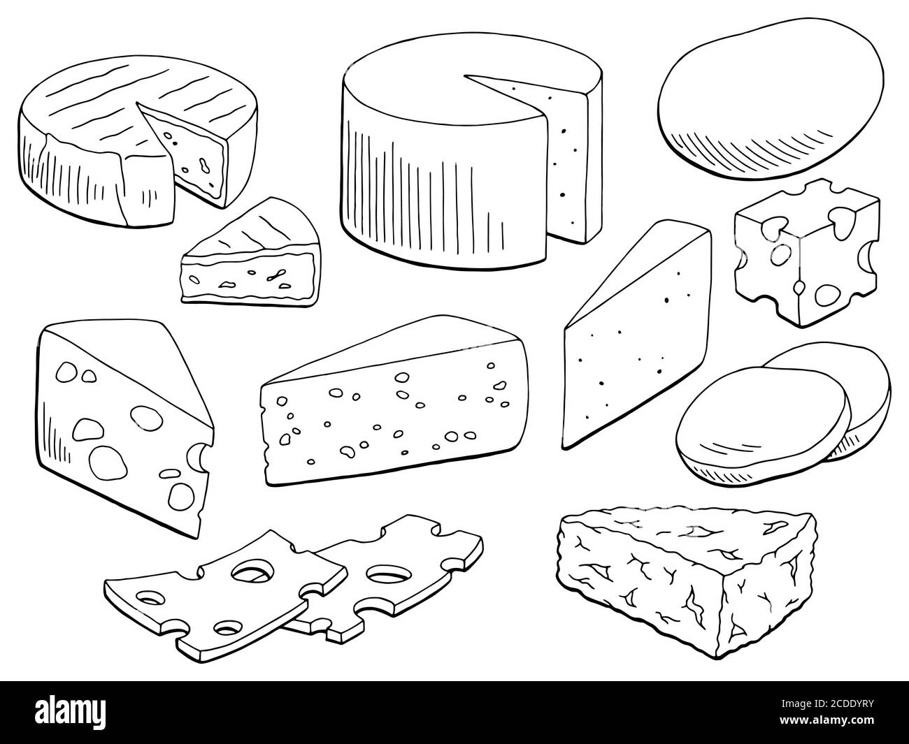 Käse Set Grafik schwarz weiß isoliert Lebensmittel Skizze Illustration Vektor Stock Vektor