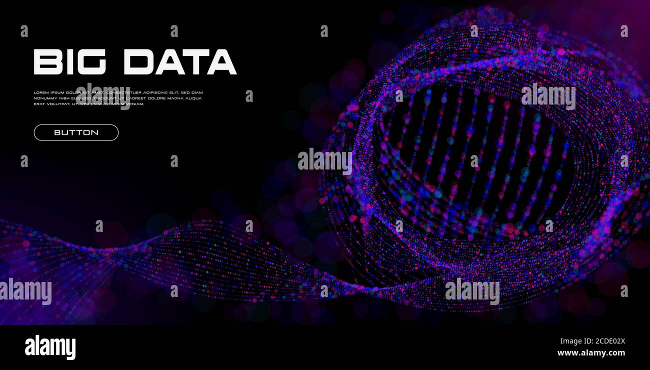 Big-Data-Visualisierung. Big Data abstrakter gekrümmter Partikelfluss mit Bokeh-Effekt und Kopierraum. Tiefenschärfe Effekt DoF. Dunkle Wissenschaft Stock Vektor