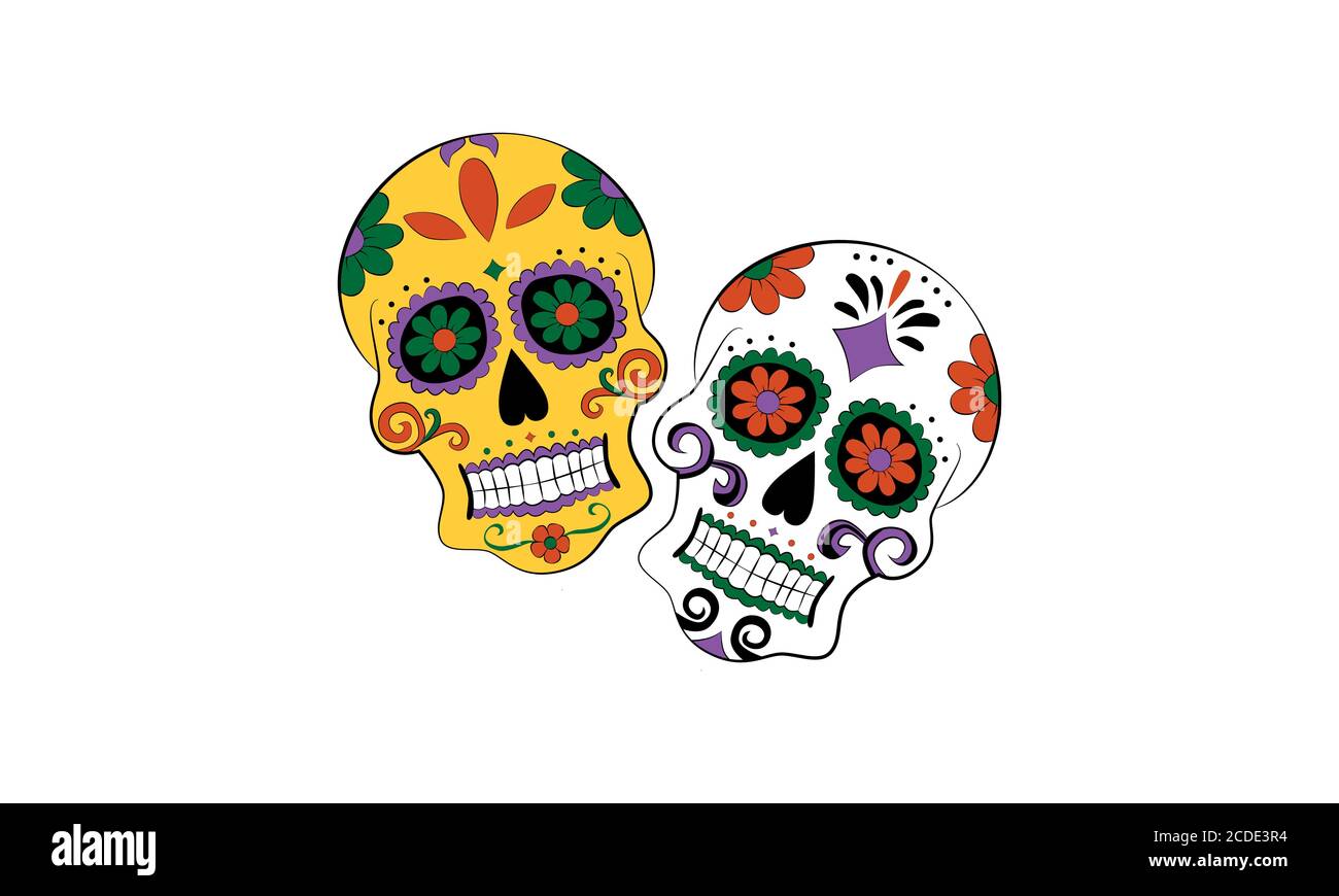 Vektor von zwei Tag der Toten calaveras oder Schädel in gelb, orange, grün, lila, schwarz und weiß und isoliert vor dem Hintergrund. Stock Vektor