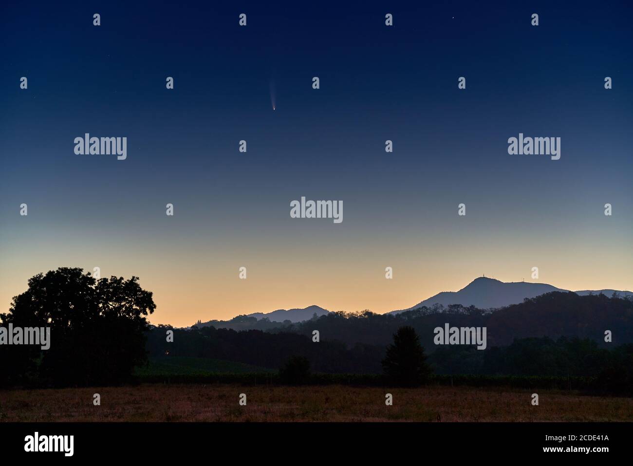 Komet Neowise im Nachthimmel im Juli von einem ländlichen Feld in Windsor mit Mount Saint Helena im Hintergrund gesehen. Stockfoto