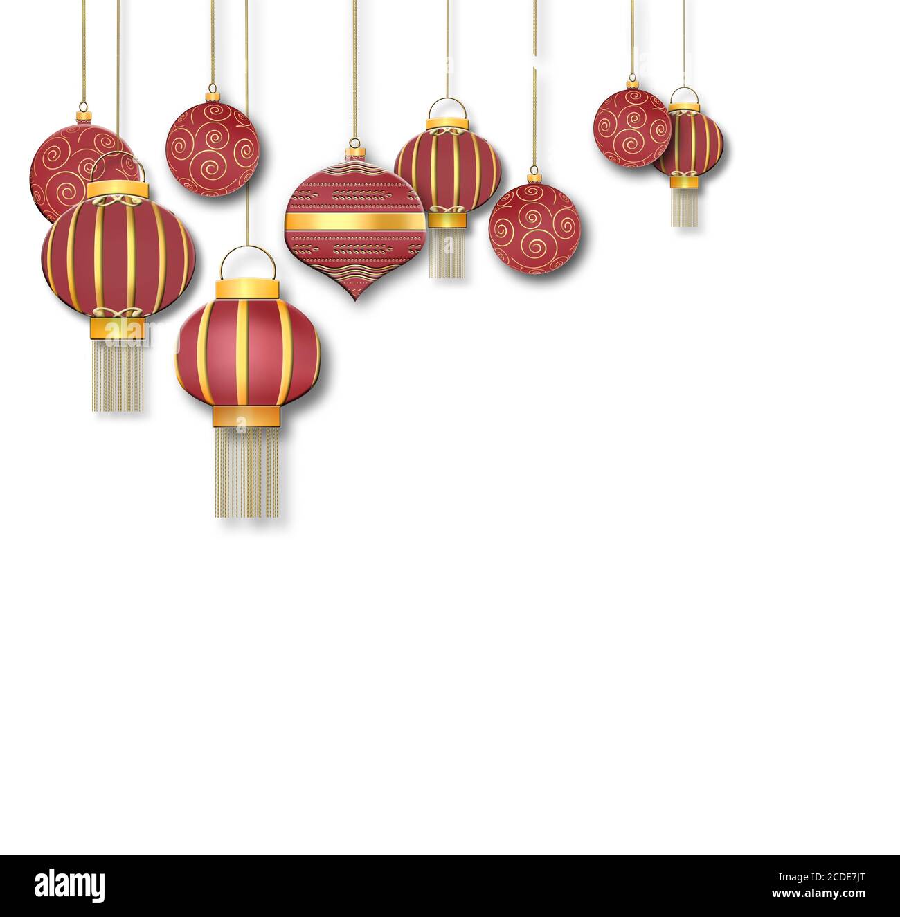 Hängende chinesische traditionelle Laternen und rote Weihnachtskugeln mit Goldschmuck auf weißem Hintergrund. Platz für Text, Platz kopieren, Modell. 3D-Darstellung Stockfoto