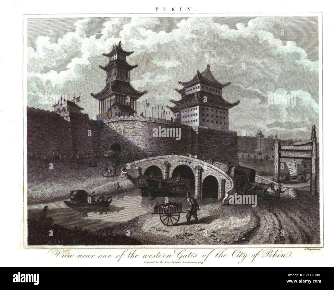 19. Jahrhundert Illustration von Western Gate, Peking [Pekin], China Kupferstich aus der Encyclopedia Londinensis oder, Universal Wörterbuch der Künste, Wissenschaften und Literatur; Band XIX; herausgegeben von Wilkes, John. Veröffentlicht 1823 in London Stockfoto