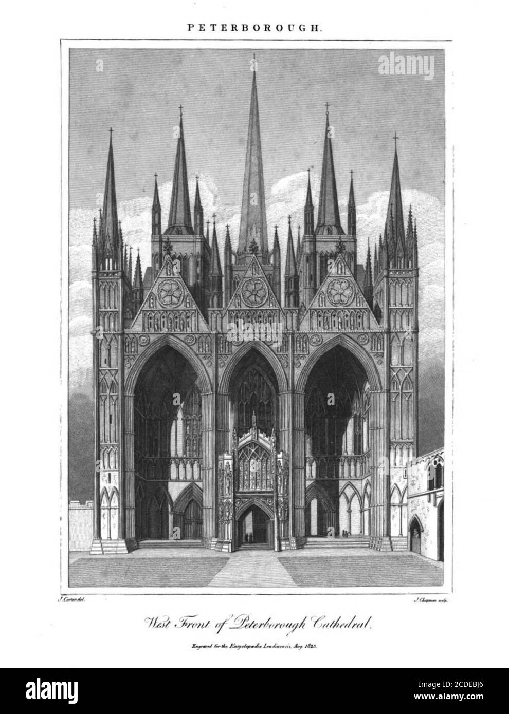 West Front of Peterborough Cathedral [Peterborough is a Cathedral City in Cambridgeshire, England], Kupferstich aus der Encyclopedia Londinensis OR, Universal Dictionary of Arts, Sciences, and literature; Band XIX; herausgegeben von Wilkes, John. Veröffentlicht 1823 in London Stockfoto
