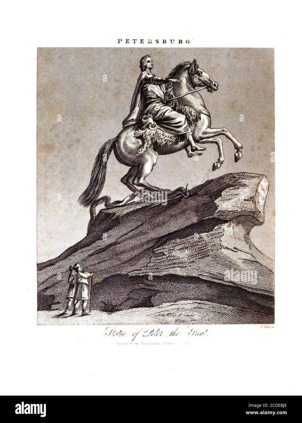 Statue von Peter dem Großen, Petersburgh [Sankt Petersburg, Russland] Kupferstich aus der Encyclopedia Londinensis oder, Universal Wörterbuch der Künste, Wissenschaften und Literatur; Band XIX; herausgegeben von Wilkes, John. Veröffentlicht 1823 in London Stockfoto