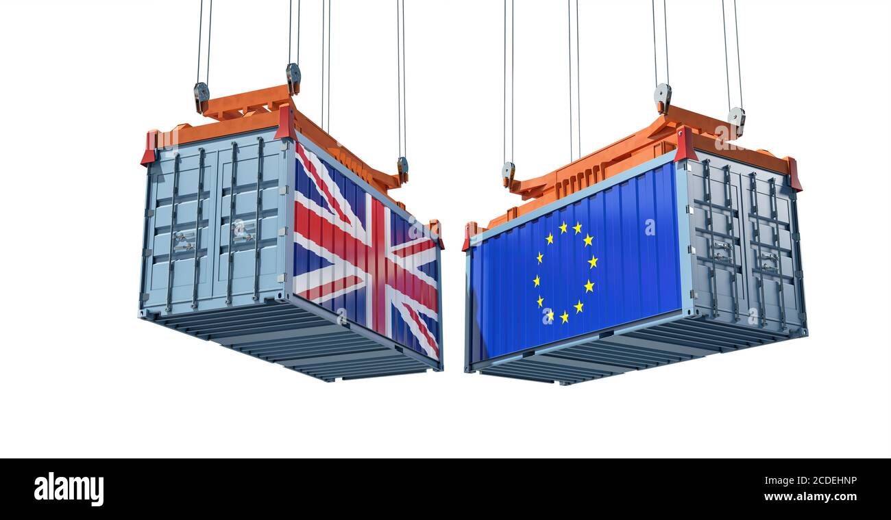 Frachtcontainer mit Flagge des Vereinigten Königreichs und der Europäischen Union. 3D-Rendering Stockfoto