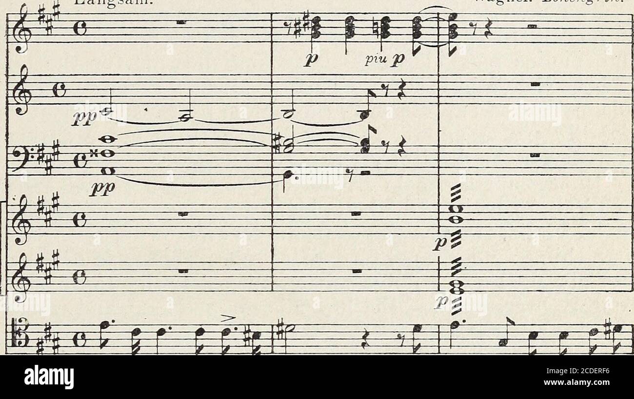 . Orchestrierung . s sehr stark entsprechend, wie es in der/ oder p, und in den unteren, mittleren oder oberen Registern der verschiedenen Instrumente verwendet wird. In den unteren Registern hat sie eine düstere, bedrohende Wirkung. Wie es sich nach oben zur oberen Saite erhebt, verliert es allmählich seine Düsternis und wird immer ätherischer. Auf der oberen Saite scheint es, in Gevaerts Worten, zu funkeln. Es wäre unmöglich, außer in großer Länge adäquate Beispiele für die vielen p- und /tremolo-Kombinationen von Violinen, Violas, Cellos und Bässen zu nennen. Sie müssen 1 siehe unten, S. 358, für die gewöhnliche Notation des gebeugten Tremolo in Stockfoto