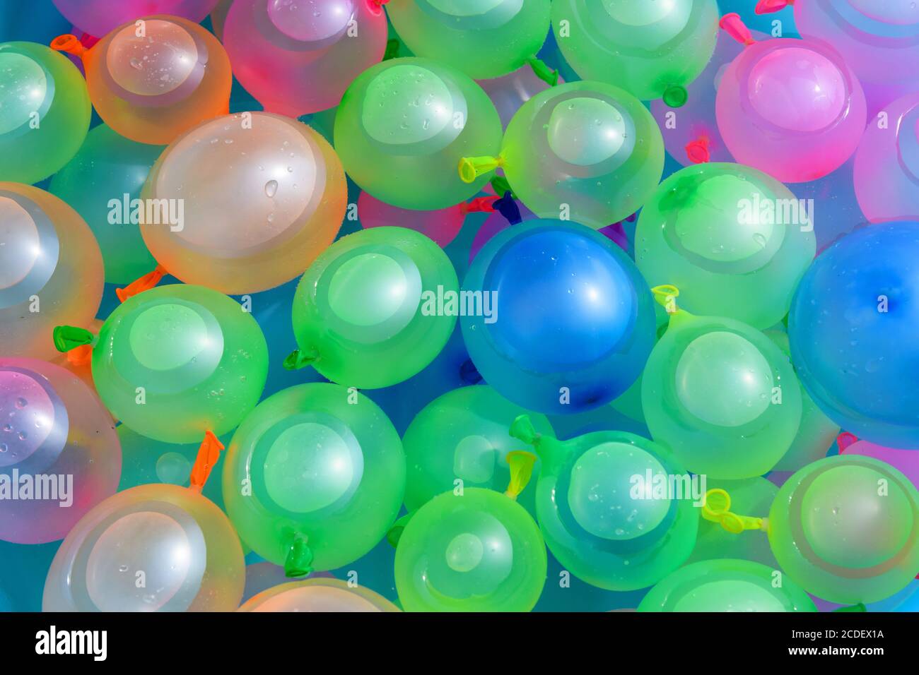 Hintergrundtextur von bunten Wasserbomben in bunten Latex-Ballons Für eine Party oder Abkühlung im heißen Sommer Stockfoto