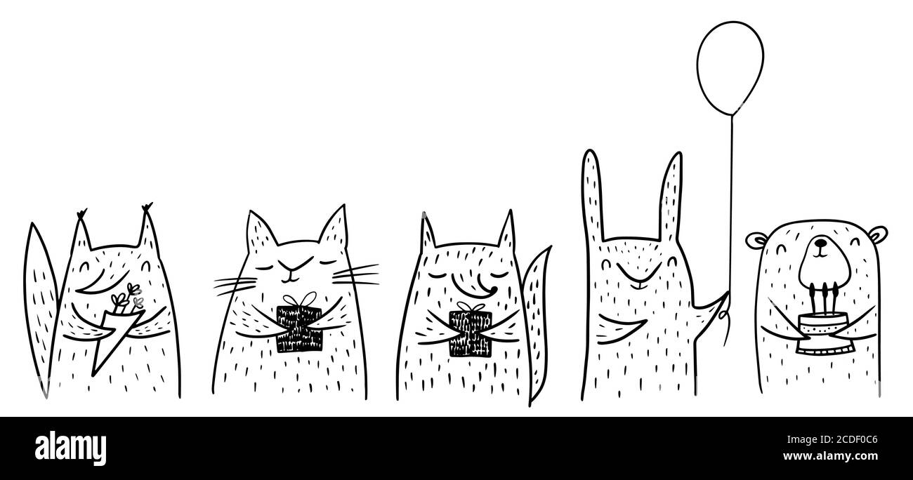 Tiere in einer Geburtstagsparty. Fuchs, Hase, Bär, Eichhörnchen und Katze mit Geschenken und Kuchen. Vektor-Illustration schwarz und weiß Doodle Stil Stock Vektor