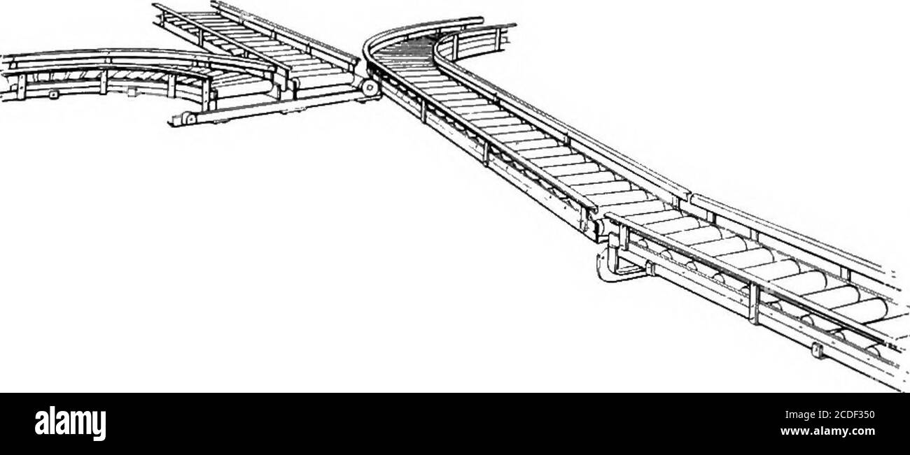 . Material Handling Cyclopedia; ein Nachschlagewerk, das Definitionen, Beschreibungen, Illustrationen und Methoden der Verwendung von Material Handling Maschinen in der Industrie eingesetzt. Abb. 100 Wenn zwei oder mehr Linien des Schwerkraftförderers neu angefragt werden, um zu einer Hauptstammleitung einen konvergingsection (Abb. 100) verwendet wird. Dies ist häufig ein notwendes Merkmal von Schwerkraftfördersystemen, aber es besteht manchmal die Gefahr, dass die Pakete an dieser Stelle verstopften, wenn zwei von ihnen gleichzeitig den Frosch erreichen. Abb. 101 A Abschnitt des Schwerkraftschalters (Abb. 101) ermöglicht die selektive Lieferung von Paketen aus einer einzigen true Stockfoto