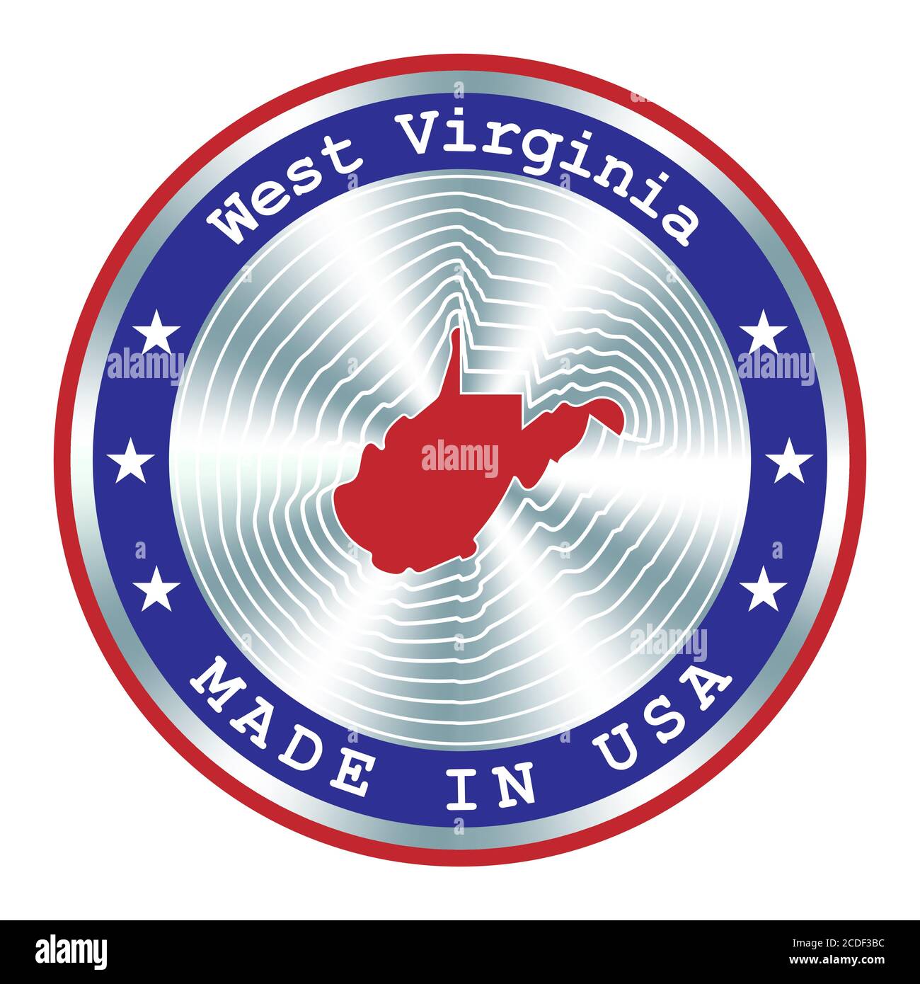 Hergestellt in West Virginia lokale Produktion Schild, Aufkleber, Siegel, Stempel. Rundes Hologramm-Schild für Etikettendesign und nationales USA-Marketing Stock Vektor