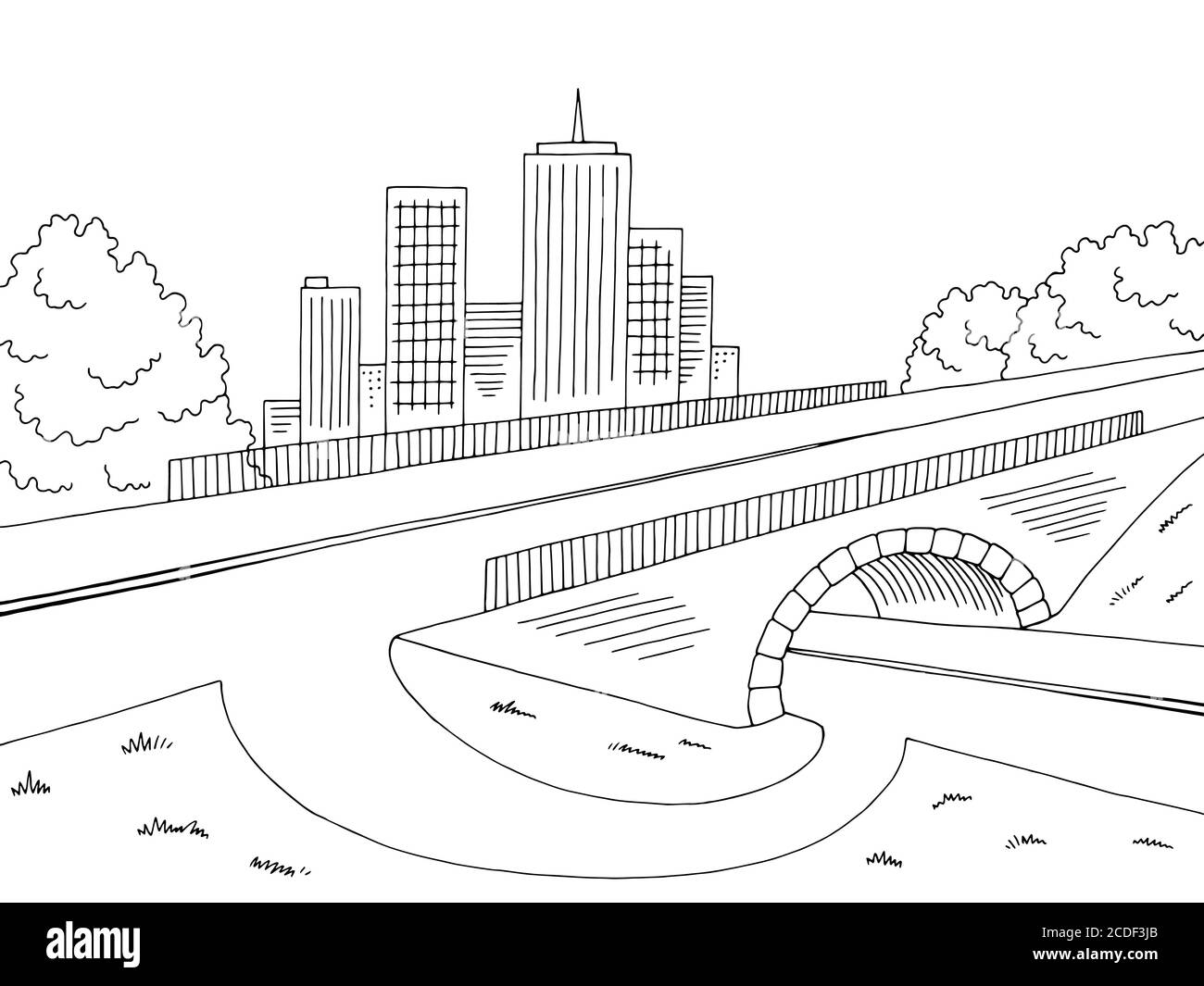 Straße Brücke Grafik schwarz weiß Landschaft Stadt Skizze Illustration Vektor Stock Vektor