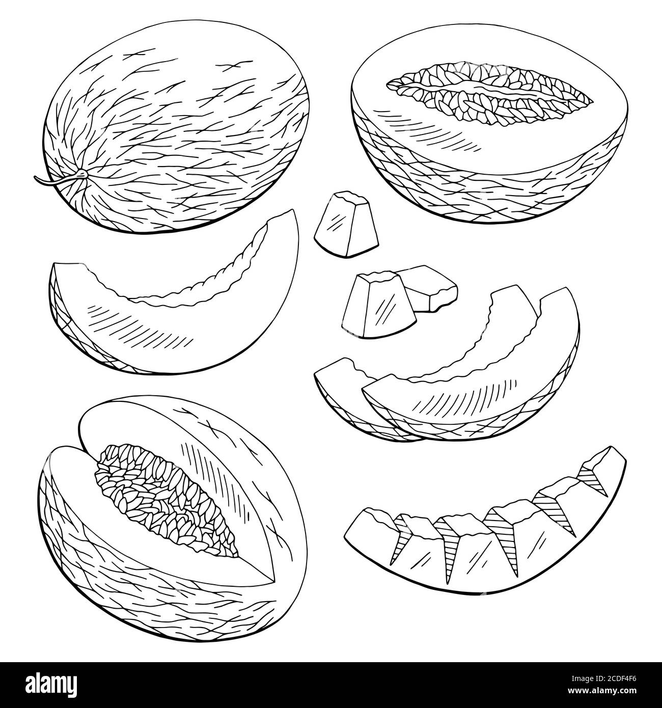 Melone Obst Grafik schwarz weiß isoliert Satz Skizze Illustration Vektor Stock Vektor