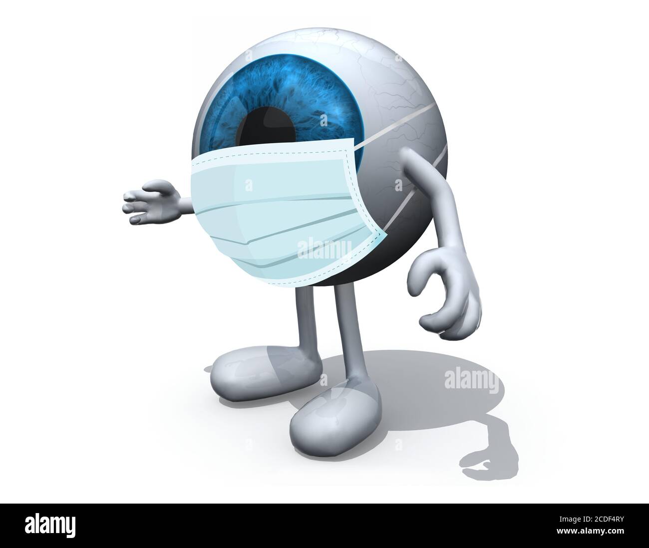 Blaue Augen Cartoon mit Armen, Beinen und OP-Maske, 3d-Illustration Stockfoto