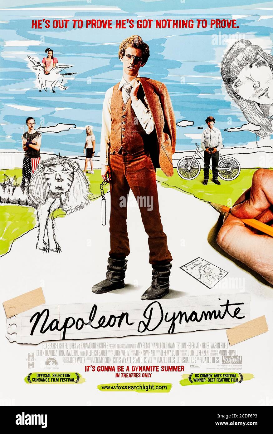 Napoleon Dynamite (2004) unter der Regie von Jared Hess mit Jon Heder, Efren Ramirez, Jon Gries und Tina Majorino. Kultkomödie über einen unbeholfenen Teenager, der sich entscheidet, für die Klassenpräsidentschaft zu kandidieren. Stockfoto