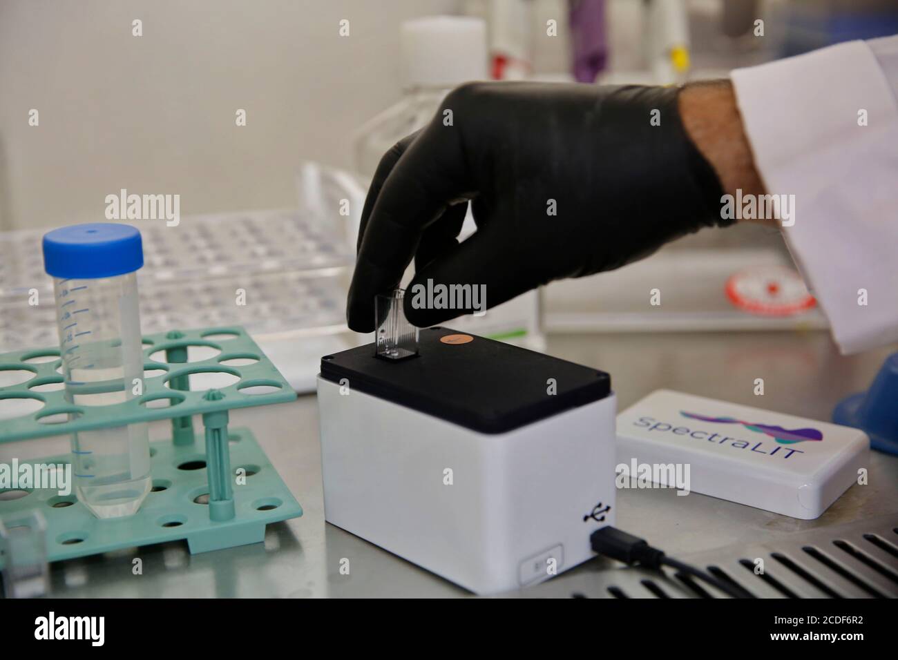 Ramat Gan. August 2020. Ein israelischer Wissenschaftler führt am 27. August 2020 im Sheba Medical Center in der zentralisraelischen Stadt Ramat Gan einen sofortigen Detektionstest für COVID-19 durch. Kredit: Gil Cohen Magen/Xinhua/Alamy Live Nachrichten Stockfoto
