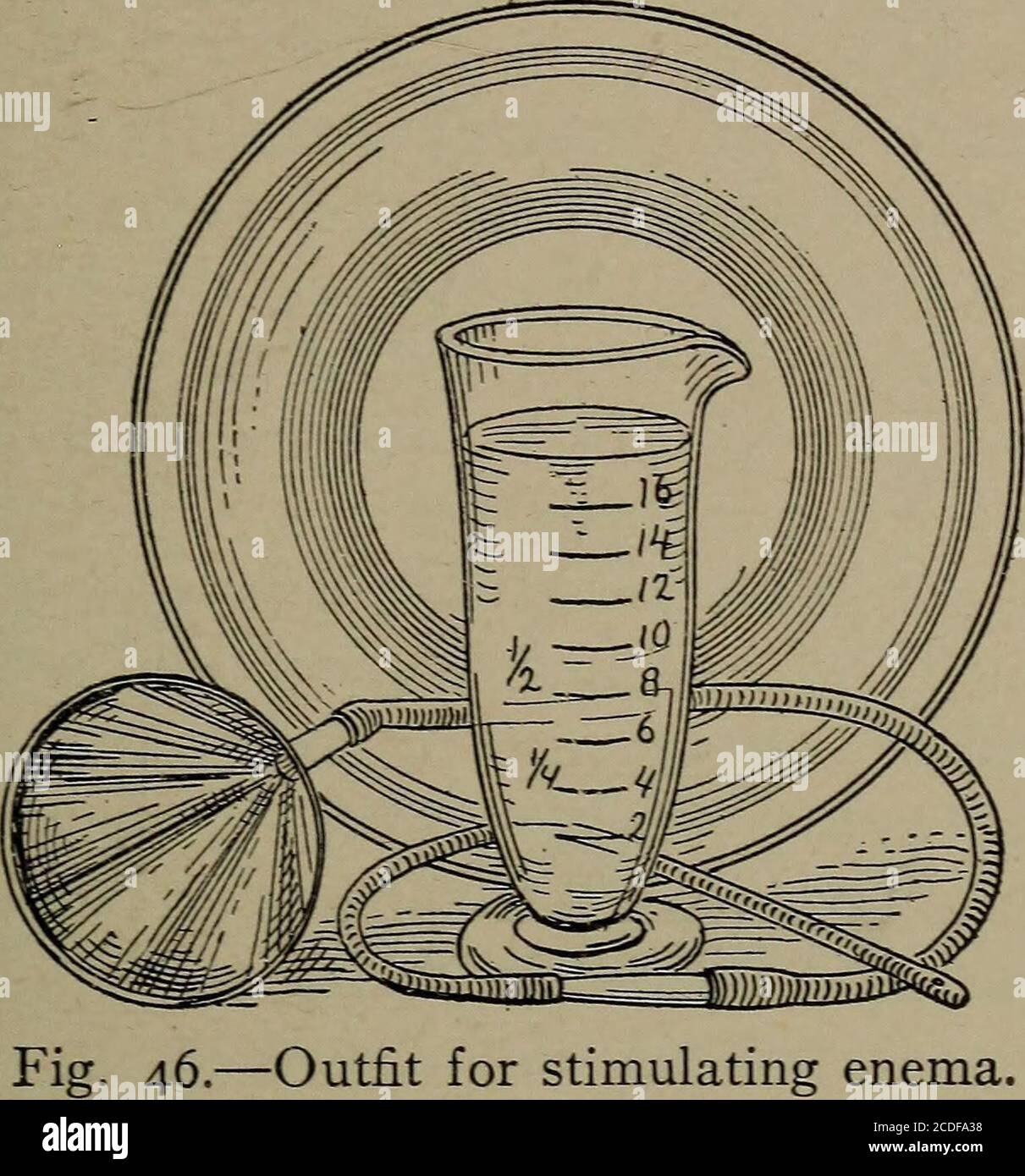 . Ein Nachschlagewerk der Gynäkologie für Krankenschwestern . Abb. 45. – Tablett mit Hypodermoclysis Outfit. Hypodermoclysis Tabelle. - Lege auf diese eine Flasche von heißem Salz-Lösung, eine von kaltem Salz-Lösung, und eine leere graduierte Flasche zum Mischen. In einem sterilen Fach anordnen (Abb. 45) die sterilehypodermoclyse Nadel, Gummischläuche und Glastrichter. Auf diesen Tisch auch Alkohol und quadratische Gauzefür die Desinfektion der Haut des Patienten, eine Packung von sterilen Baumwollsticks, eine von Baumwollkugeln und col-Lodion zum Verschließen der Wunde. Auf der hohen Bank zwei sterile Krug mit heißem sterilen Wasser gefüllt, jeder bedeckt Stockfoto