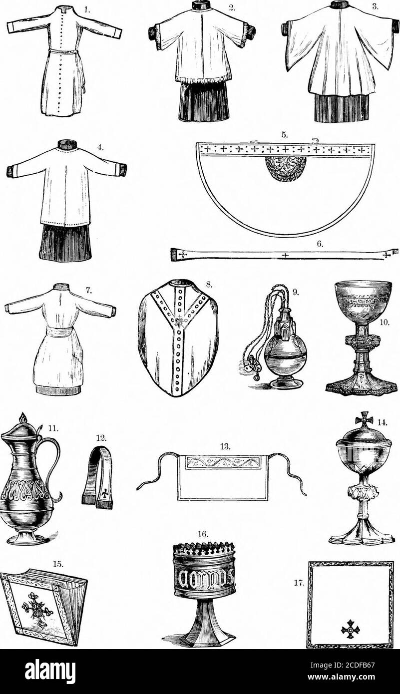 . Ein Wörterbuch des religiösen Wissens [elektronische Ressource]: Für den populären und professionellen Gebrauch, umfassend vollständige Informationen über biblische, theologische und kirchliche Themen . verwendet für das Waschen der Priesterslands; Die Piscina ist ein kleines Steinbecken in der Wand, und verwendet für den gleichen Zweck; das Rednerpult (q. v.) ist der Name, die darauf-Schreibtisch; das Räuchergefäß, oder thurible, ist ein VES-Sel aus Metall, in der Regel in Form eines Bechers, mit einem perforierten Deckel, in dem Weihrauch angeboten; Die sanctus Glocke ist eine kleine Glocke verwendet, um Mitteilung über die Erhebung des Wirtes, oder eucharistio Brot, die hanseling Stockfoto