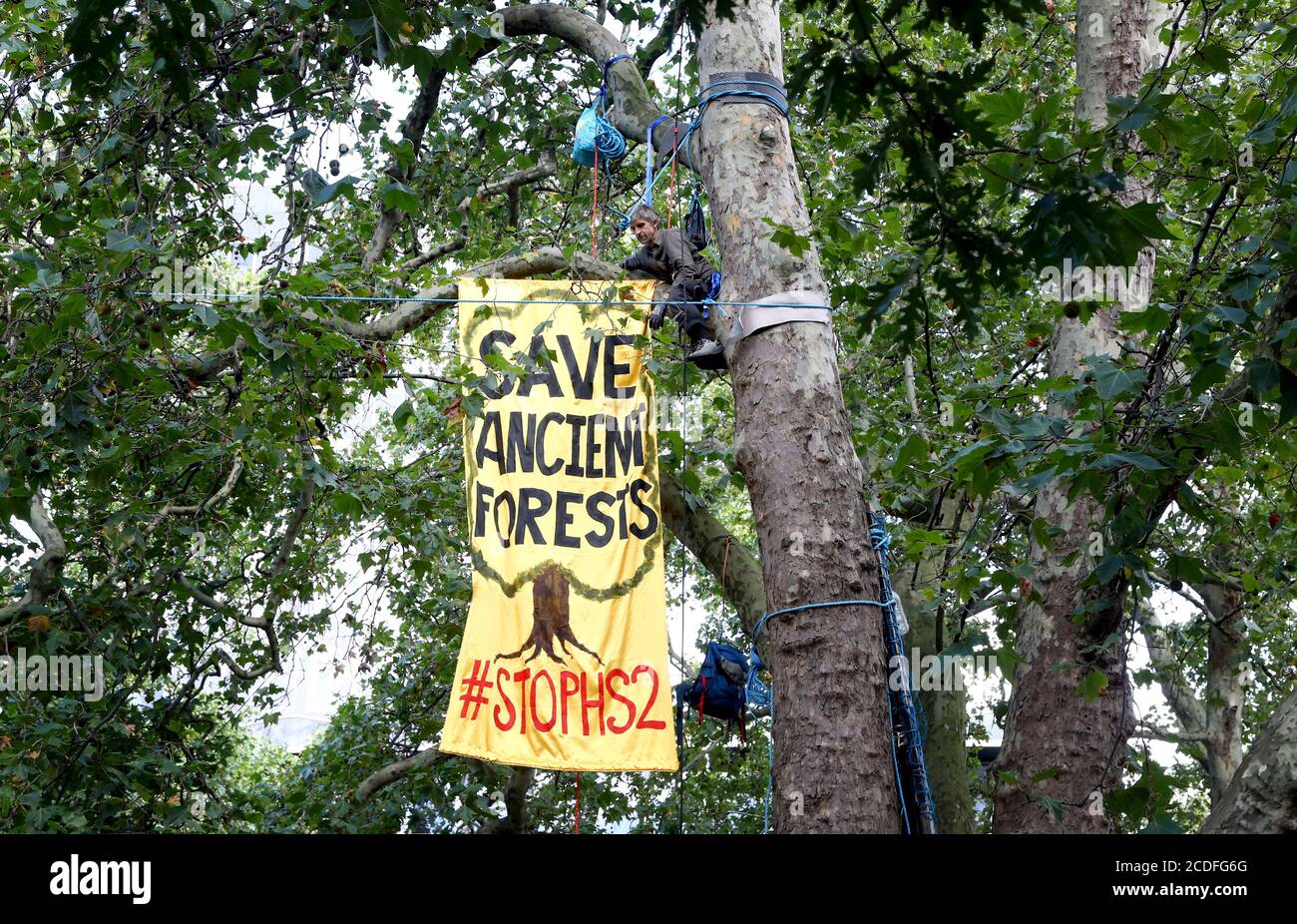 Ein Stop HS2-Aktivisten entrollt ein Banner in Bäumen vor der Euston Station in London, als Aktivisten ein Lager innerhalb der Bäume als Teil des breiteren Extinction Rebellion Wochenende der Aktion im ganzen Land aufsetzten. Stockfoto