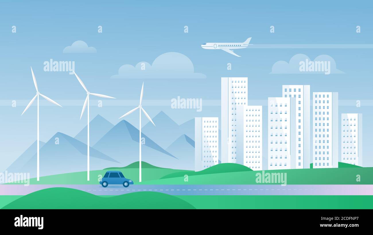 Vektordarstellung „Eco City Concept“. Cartoon flach städtischen Sommer modernes Stadtbild mit Wolkenkratzern Gebäude, ökologische Windmühlen für die Umwelt zu sparen, alternative nachhaltige Energiequellen Hintergrund Stock Vektor