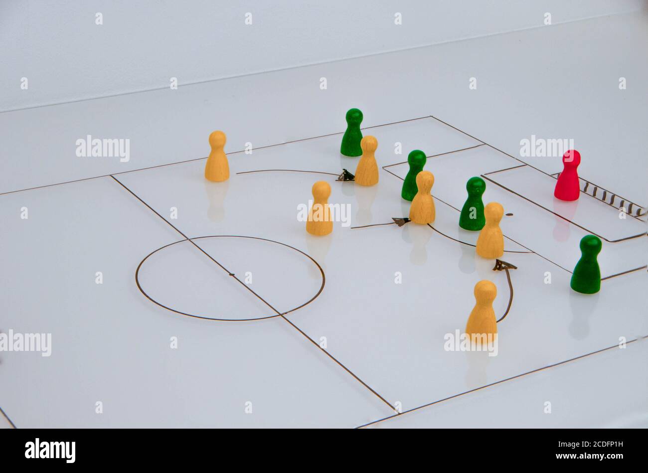 Whiteboard mit Schema Nahaufnahme Fußballspiel mit Holzspielstücken Stockfoto