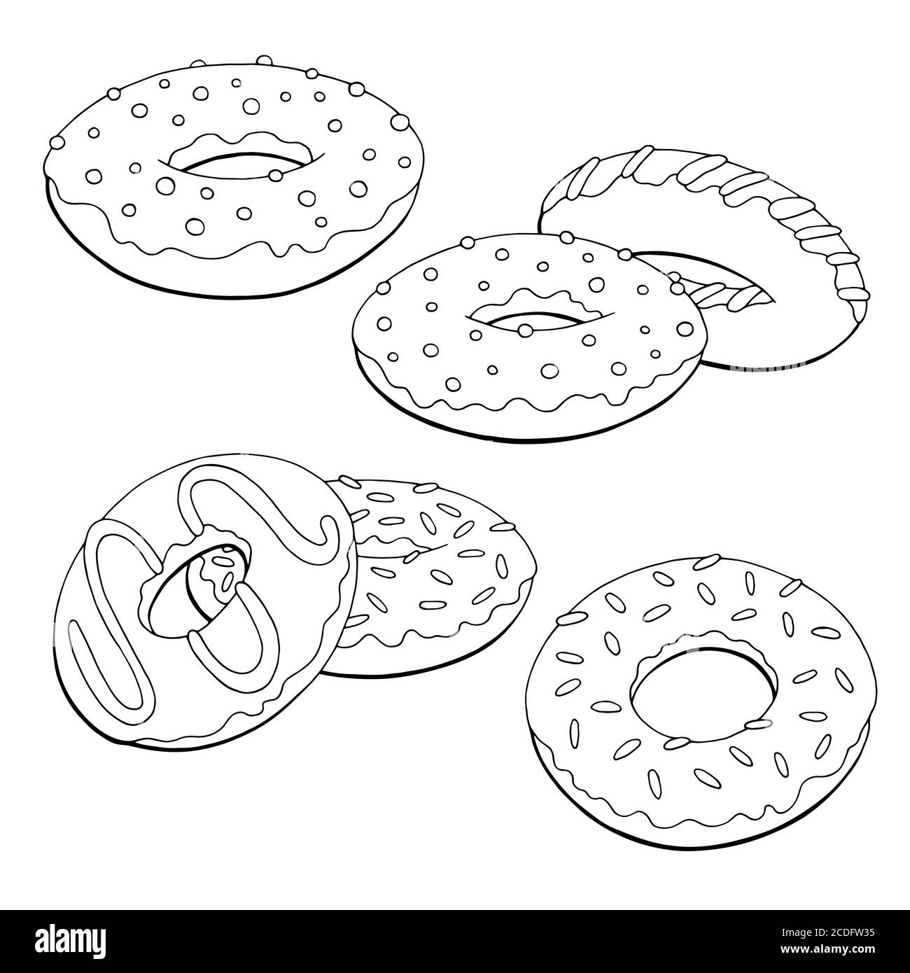 Donuts setzen Grafik schwarz weiß isoliert Skizze Illustration Vektor Stock Vektor