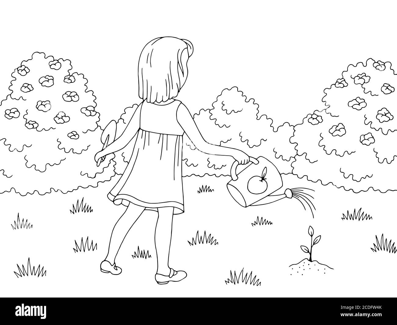 Garten Grafik schwarz weiß Landschaft Skizze Mädchen Bewässerung Sprout Illustration vektor Stock Vektor