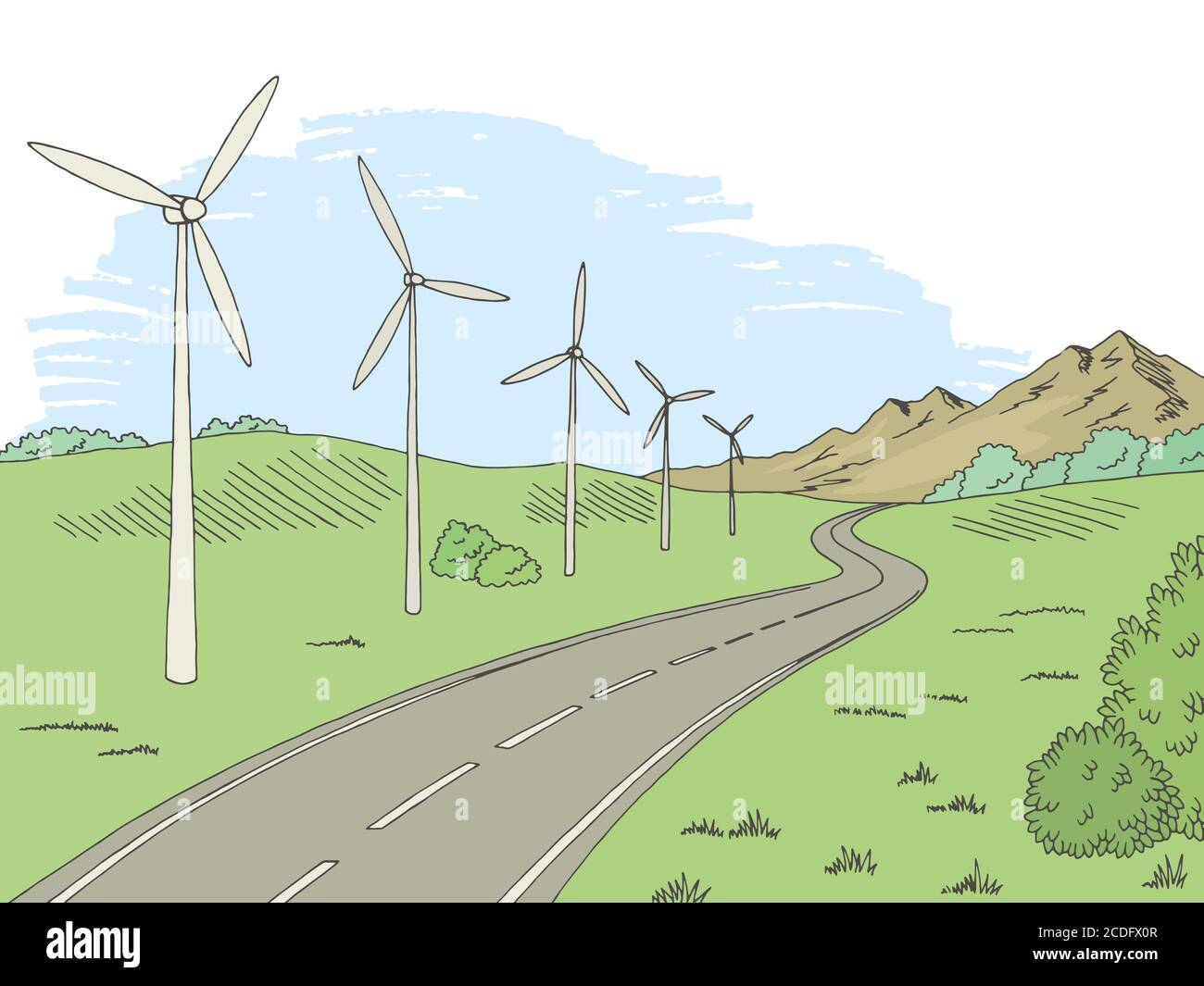 Windmühlen Straße Grafik Farbe Landschaft Skizze Illustration Vektor Stock Vektor